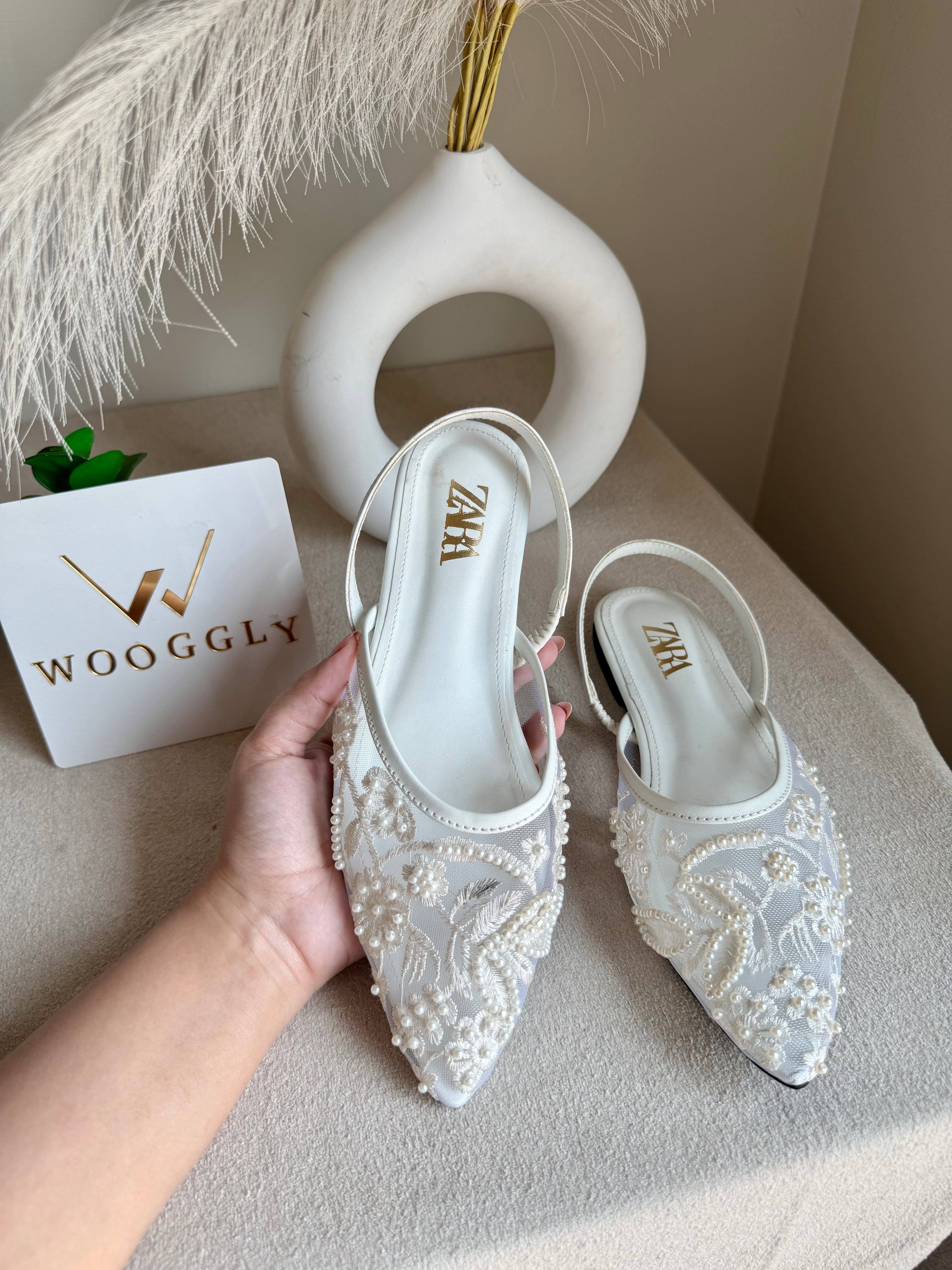 Zara Embroidered Mesh Slingback Flats  - White