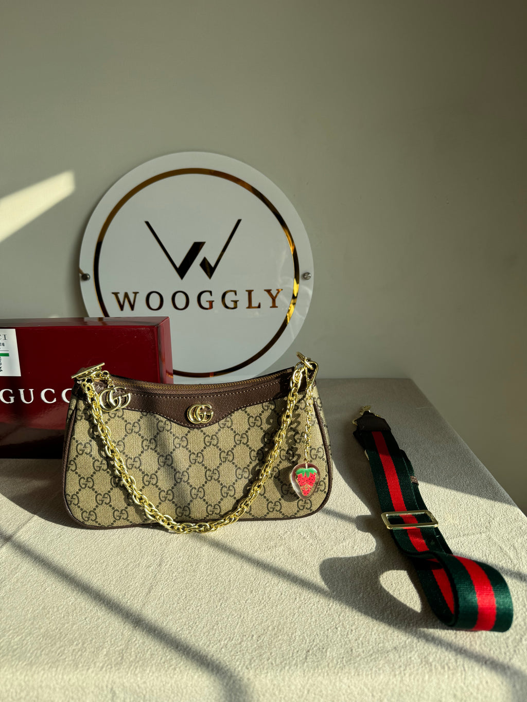 GUCCI Sling with Long Strap & Strawberry Charm - Signature Brown with Box Packing