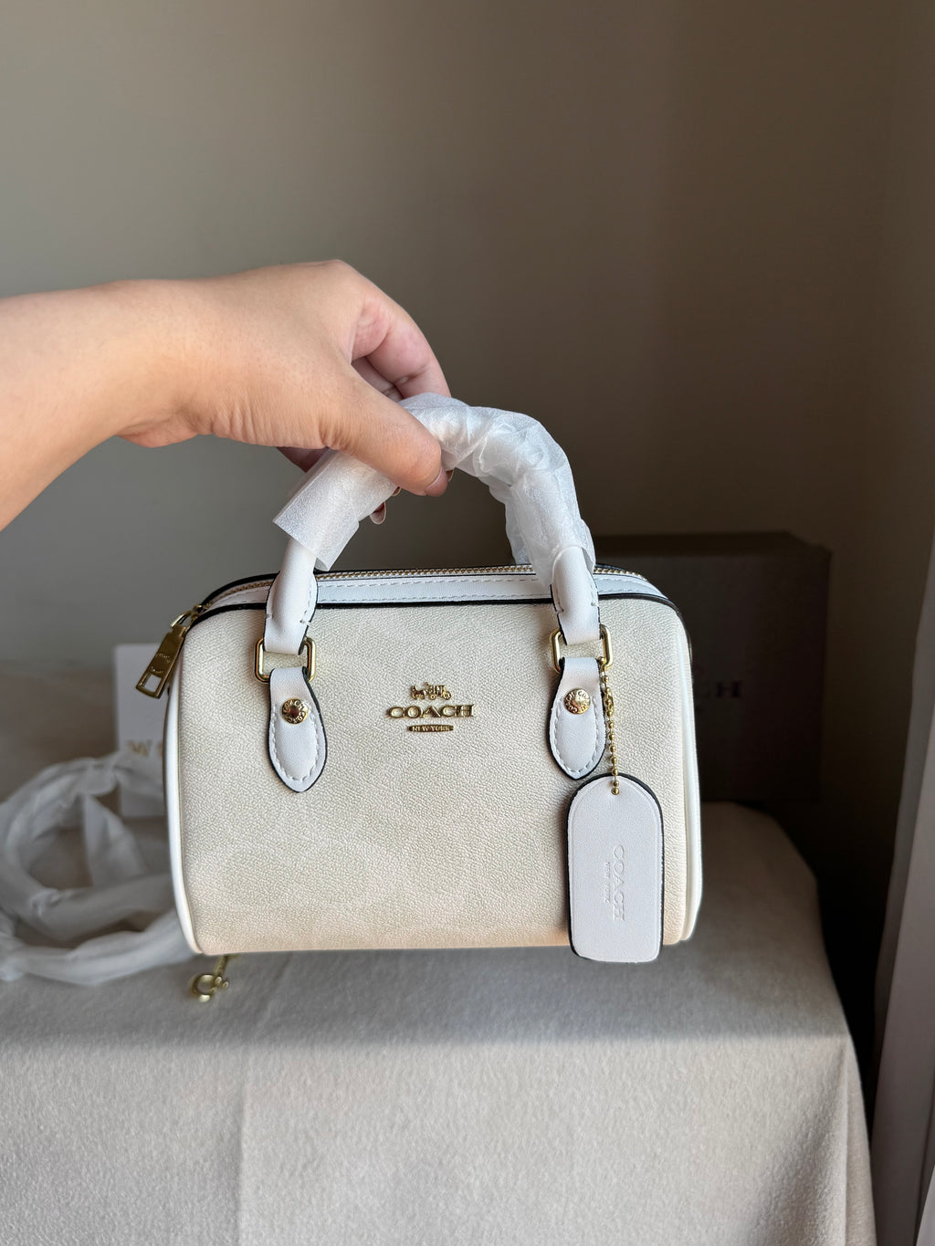 COACH Mini Duffle Bag PREMIUM with Long Strap Signature White - BOX PACKING