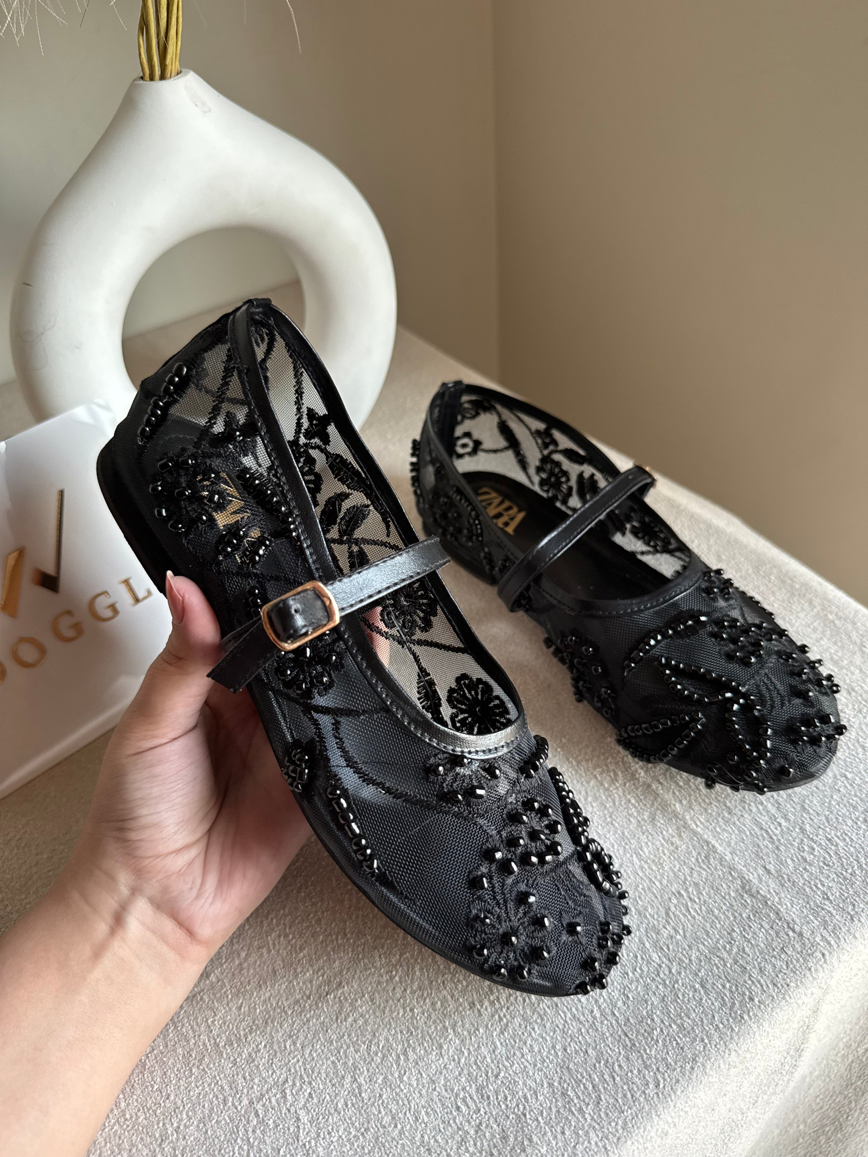 Zara Embroided Net Pumps - Black