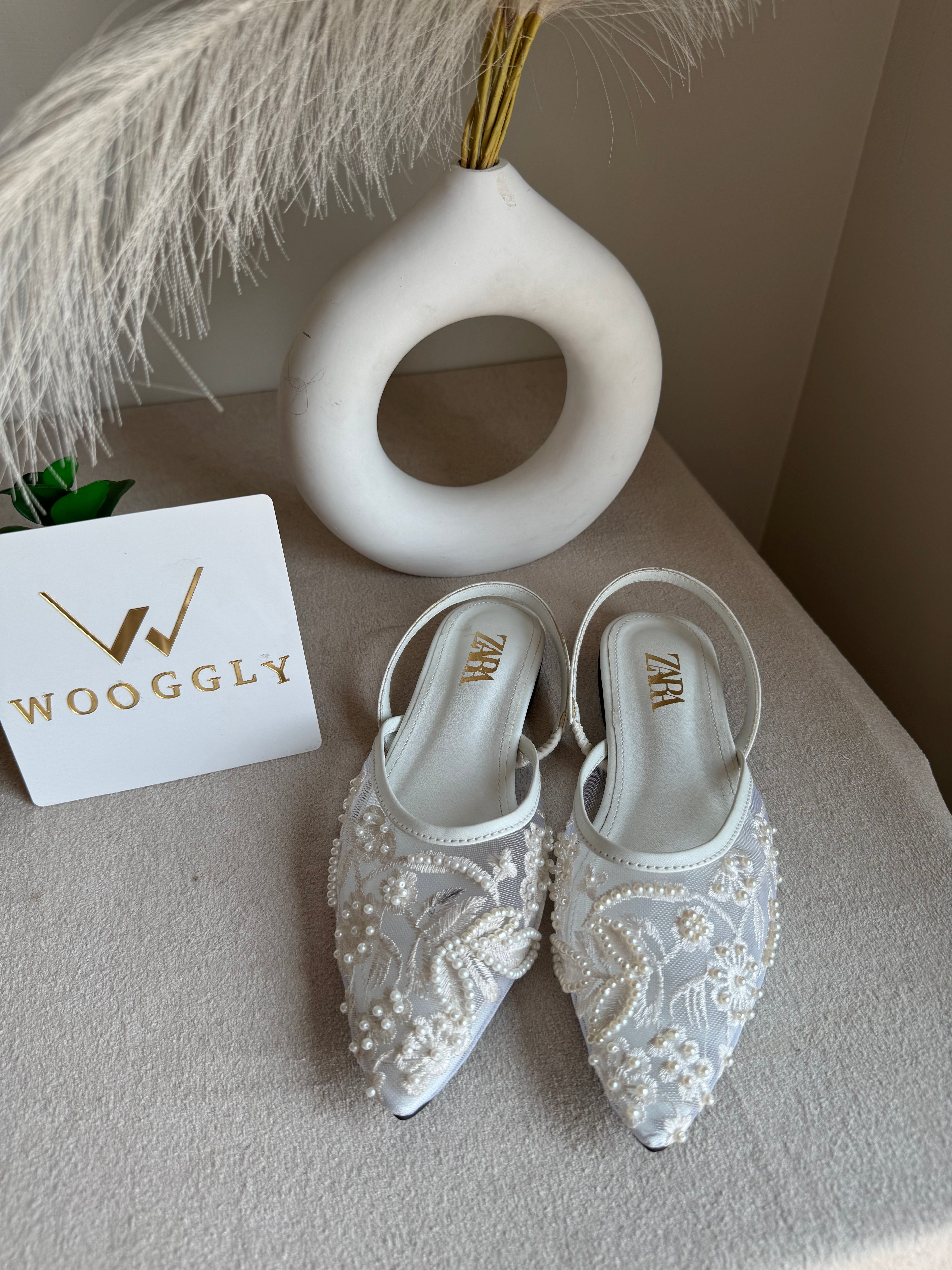 Zara Embroidered Mesh Slingback Flats  - White