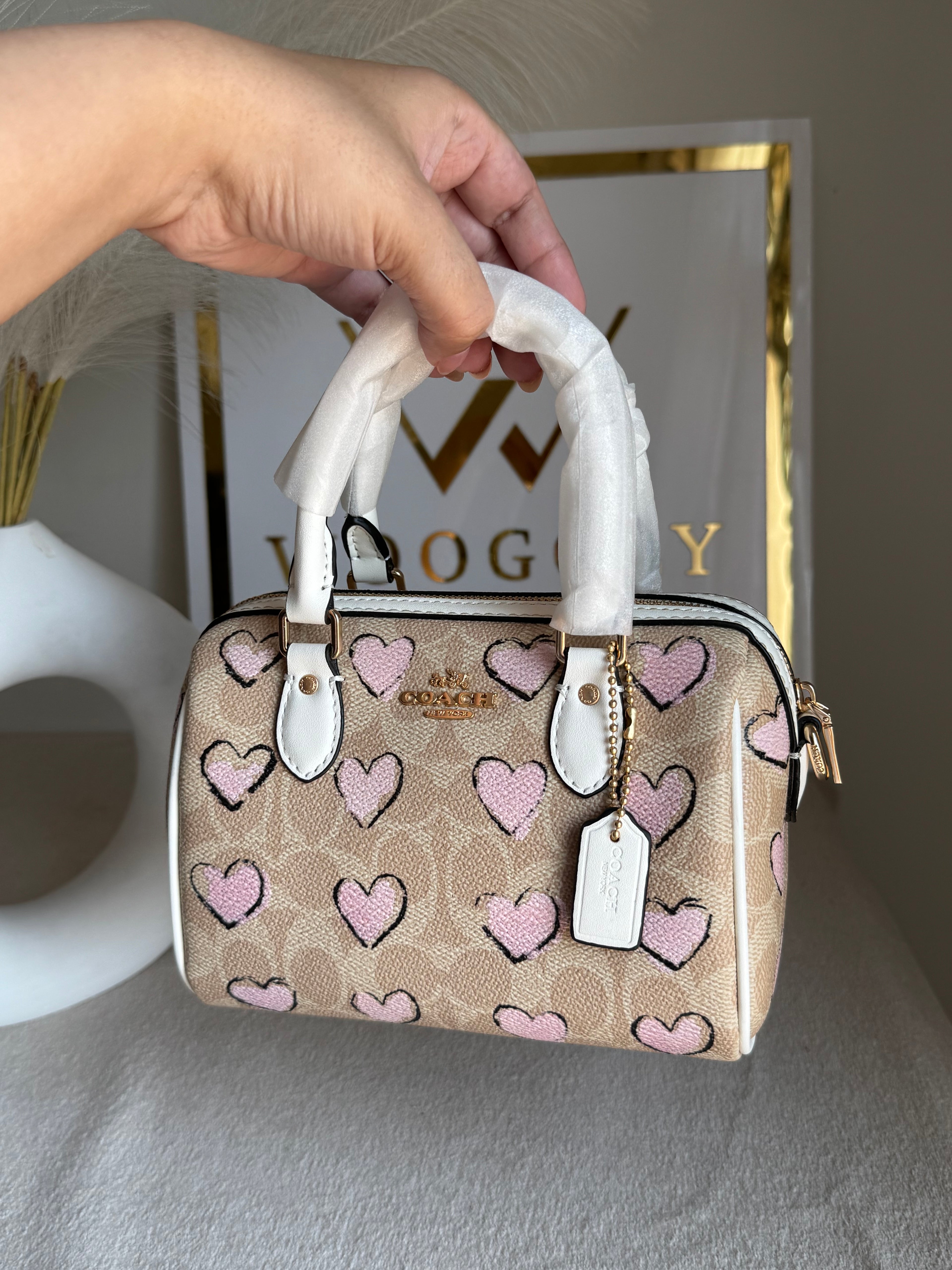 COACH Mini Duffle Bag PREMIUM with Long Strap (Baby Pink Hearts) - BOX PACKING