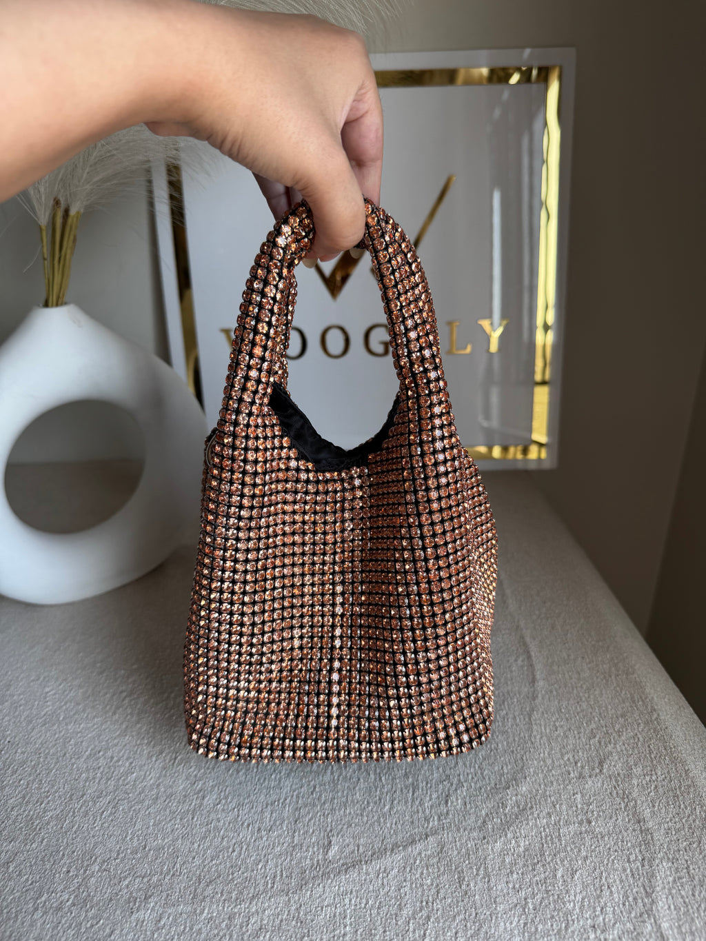 Party Wear Rhinestone Bucket Bag - Rose Gold