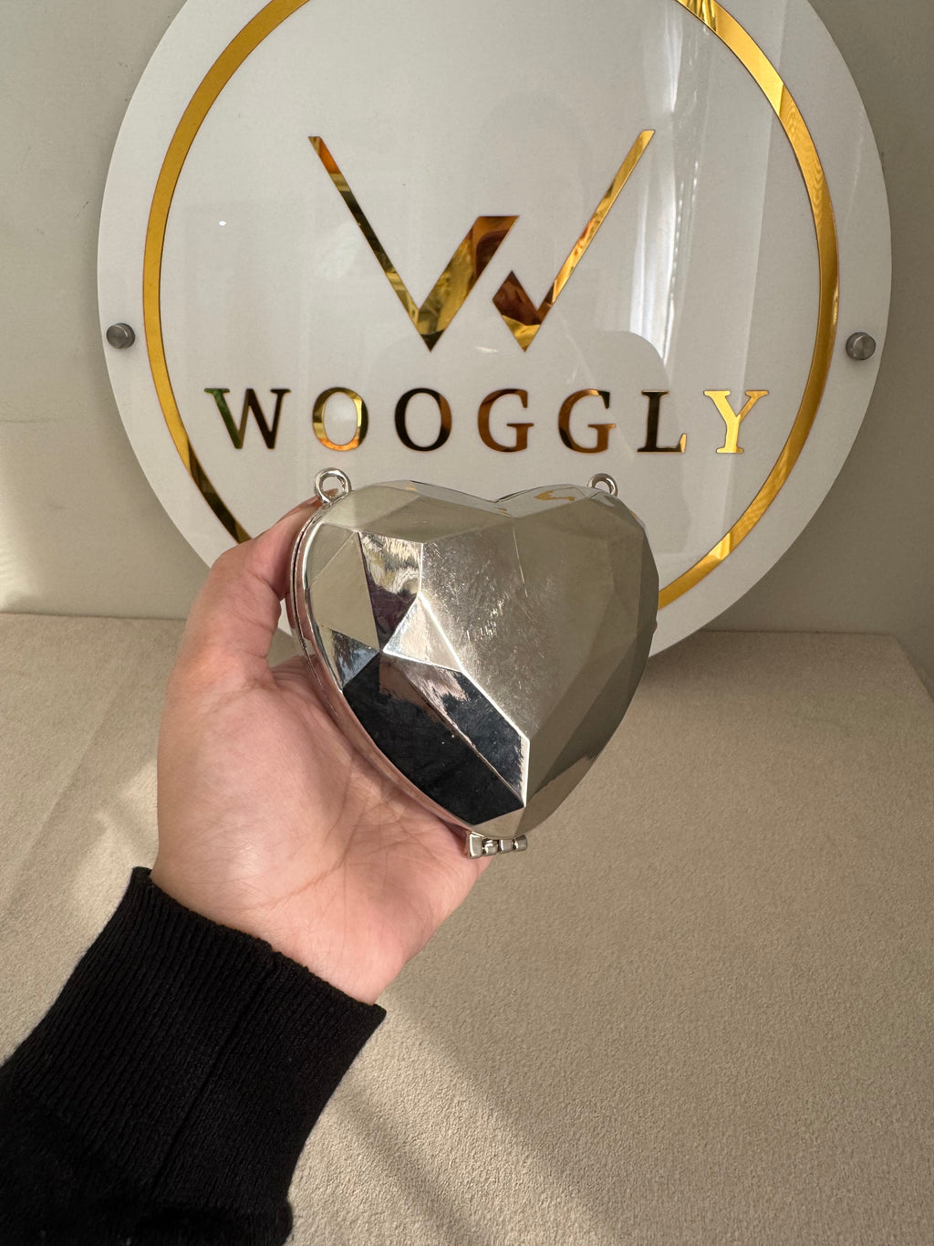 Metallic Heart Clutch with Chain - Mini Silver