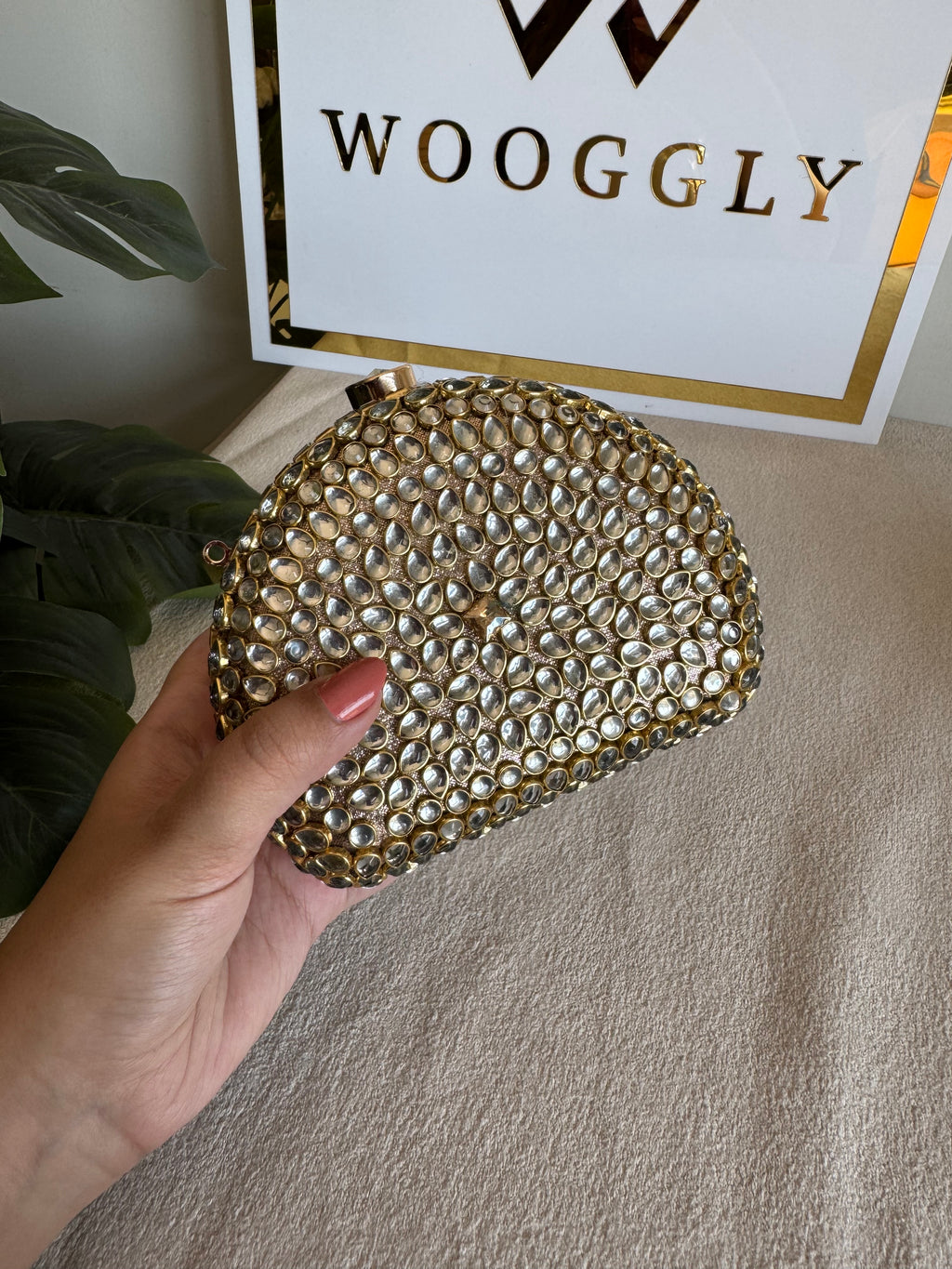 Afreen Kundan Clutch with Chain - Champagne Stone