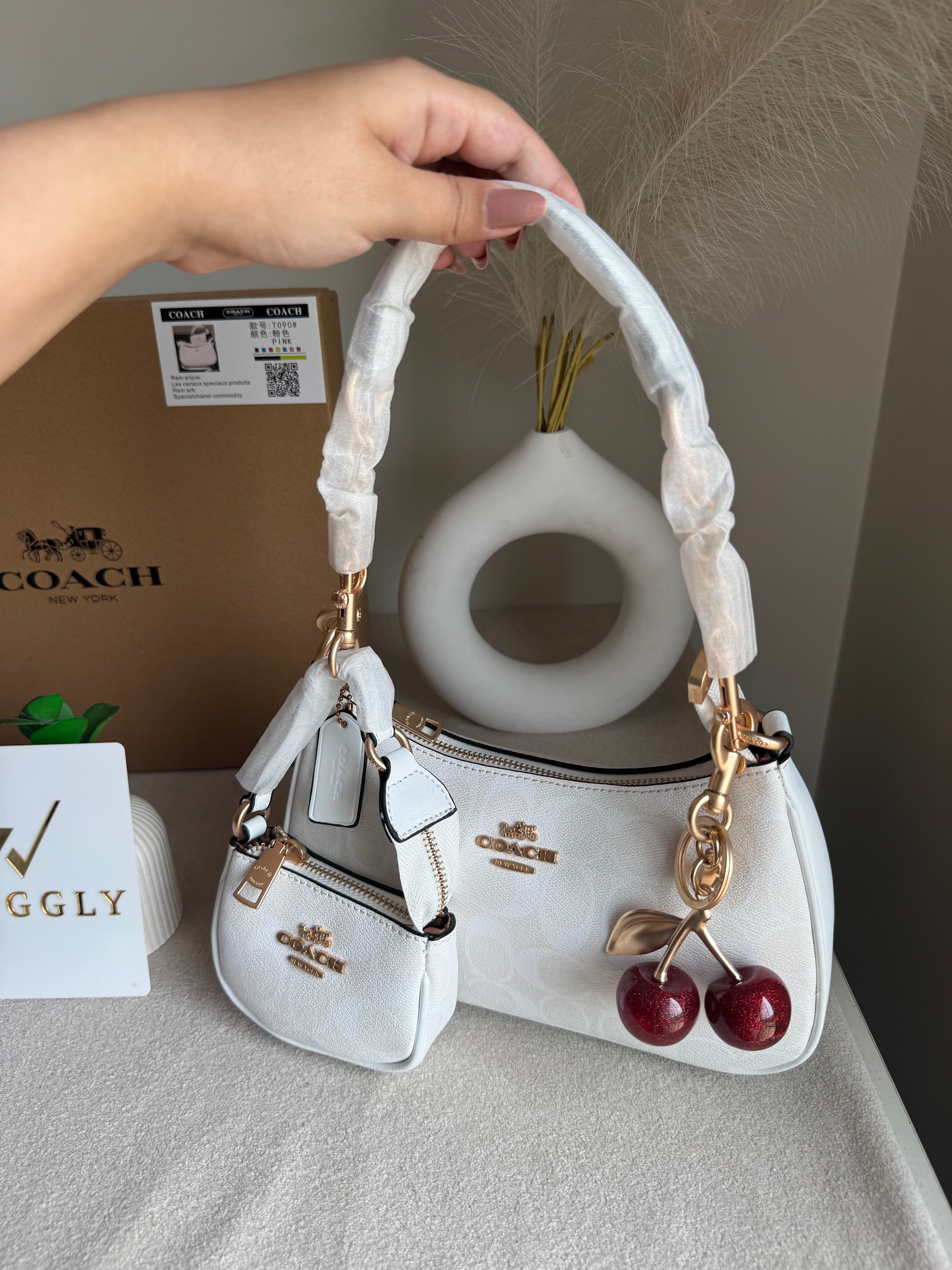 COACH Teri Gift Box with Baby Teri Charm & Coach Cherry Charm - Signature White