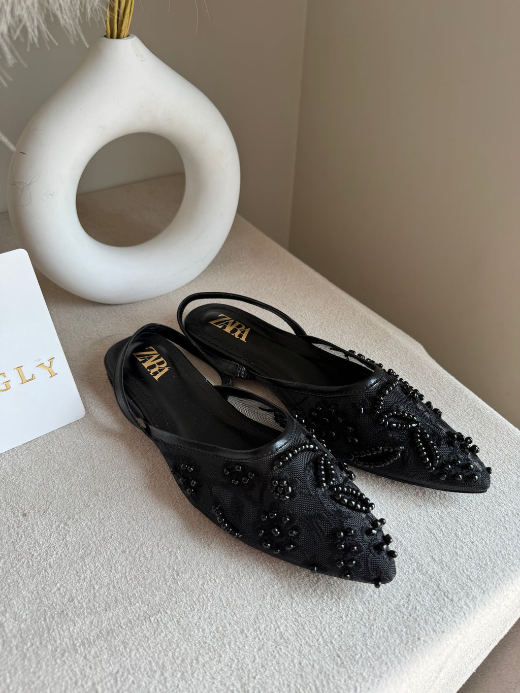 Zara Embroidered Mesh Slingback Flats  - Black