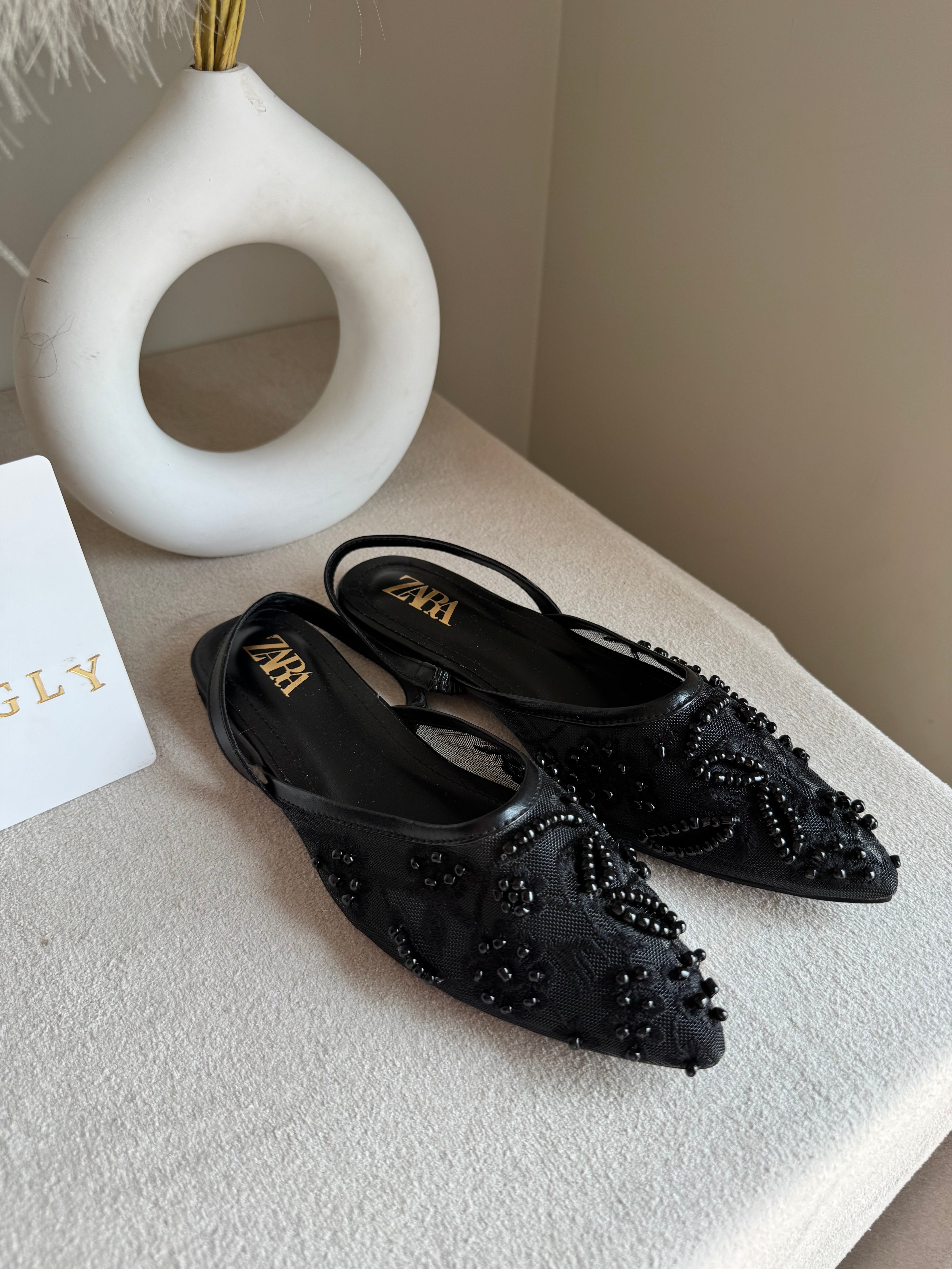 Zara Embroidered Mesh Slingback Flats  - Black