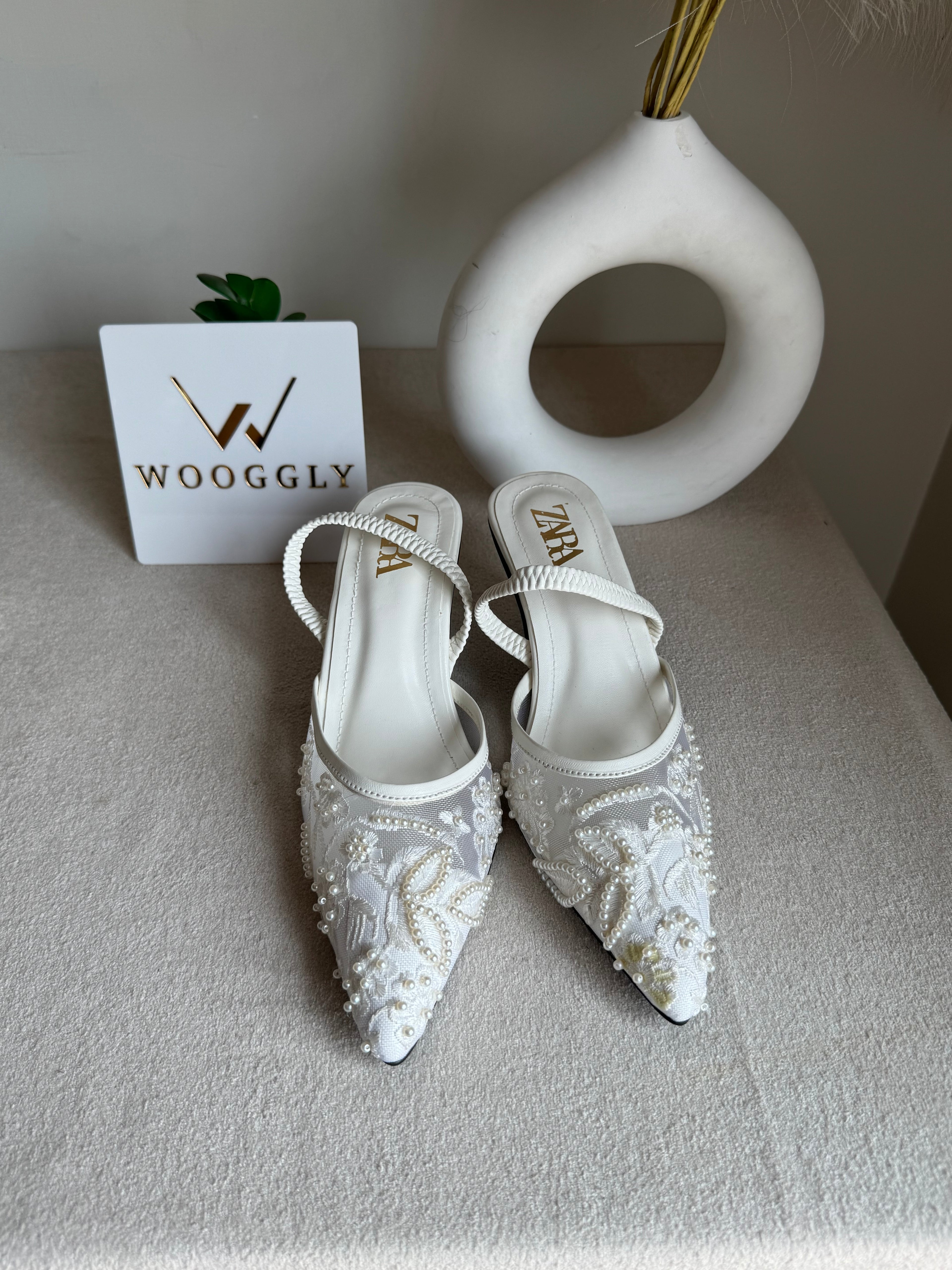 Zara Embroidered Net Heels - White