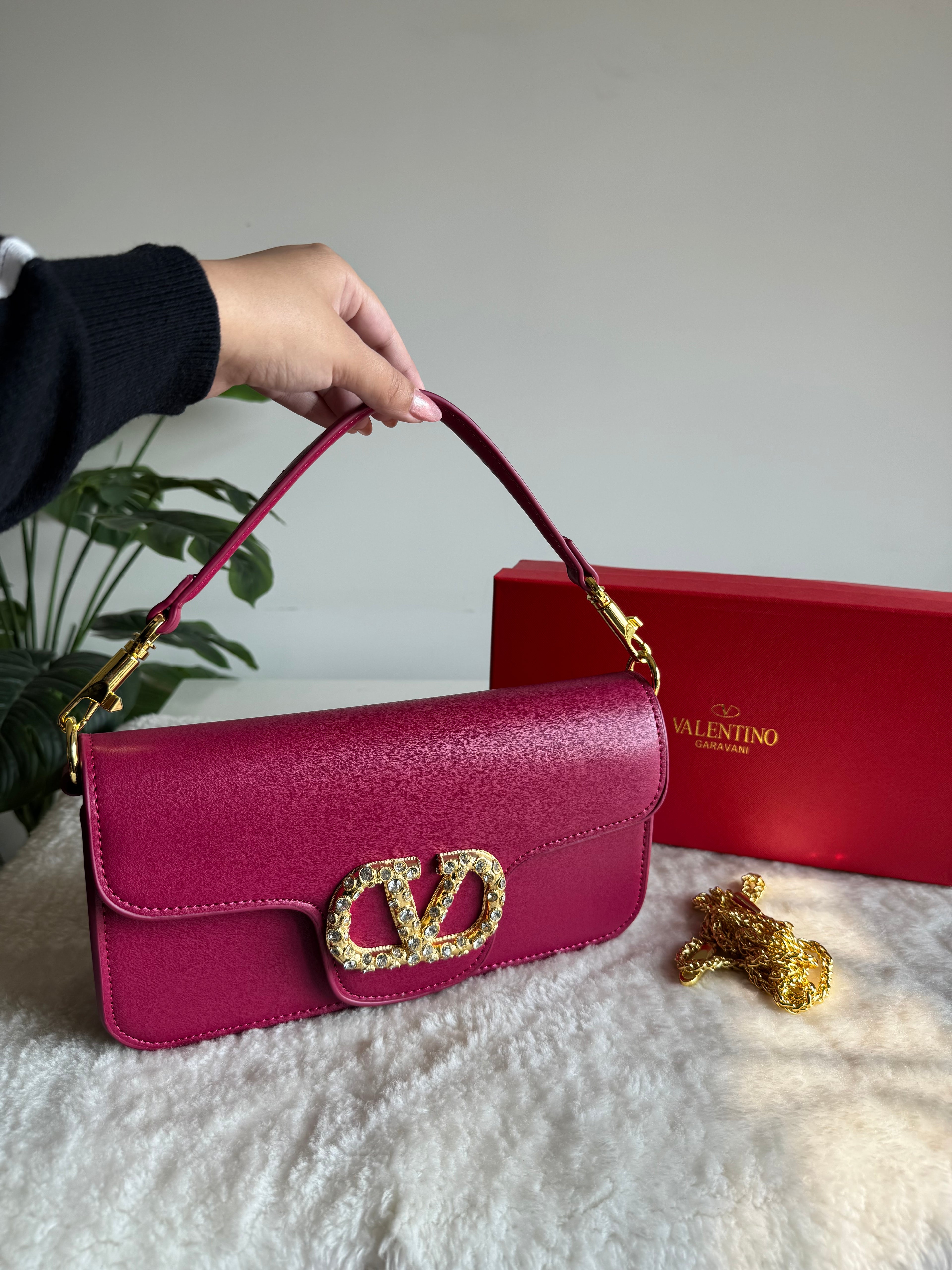 Valentino Loco with Jewel Logo PREMIUM Handbag with Box Packing - Hot Pink
