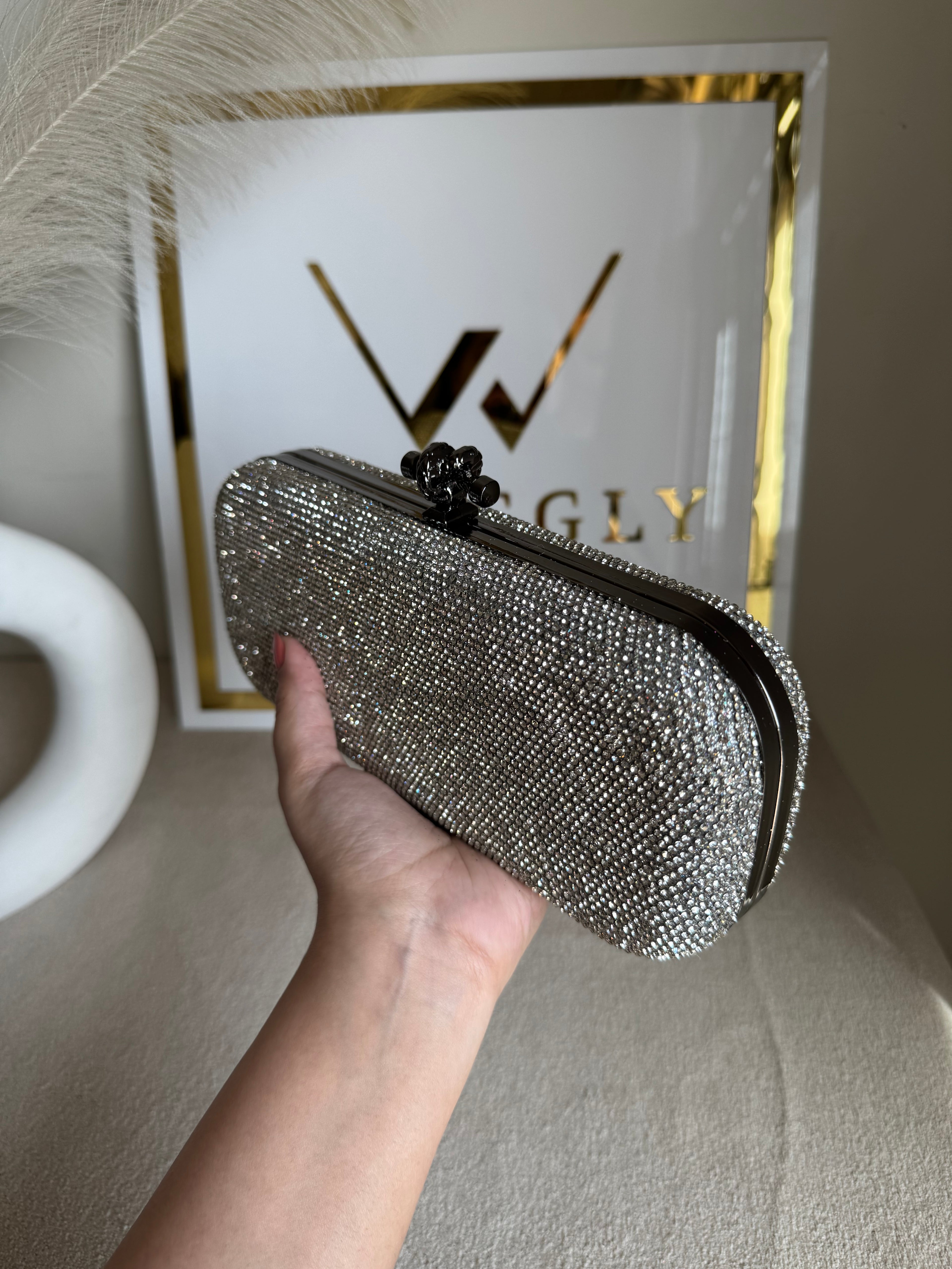 Bottega Shimmer Clutch Matte Top - Silver with Chain