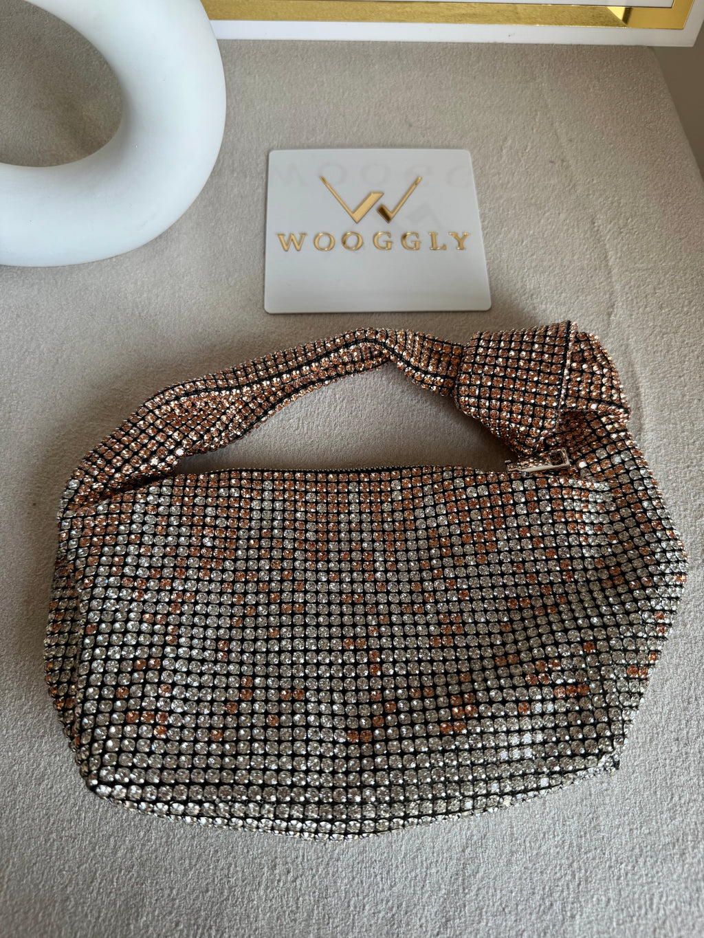 Party Wear Rhinestone Bow Bag - Rose Gold with Silver