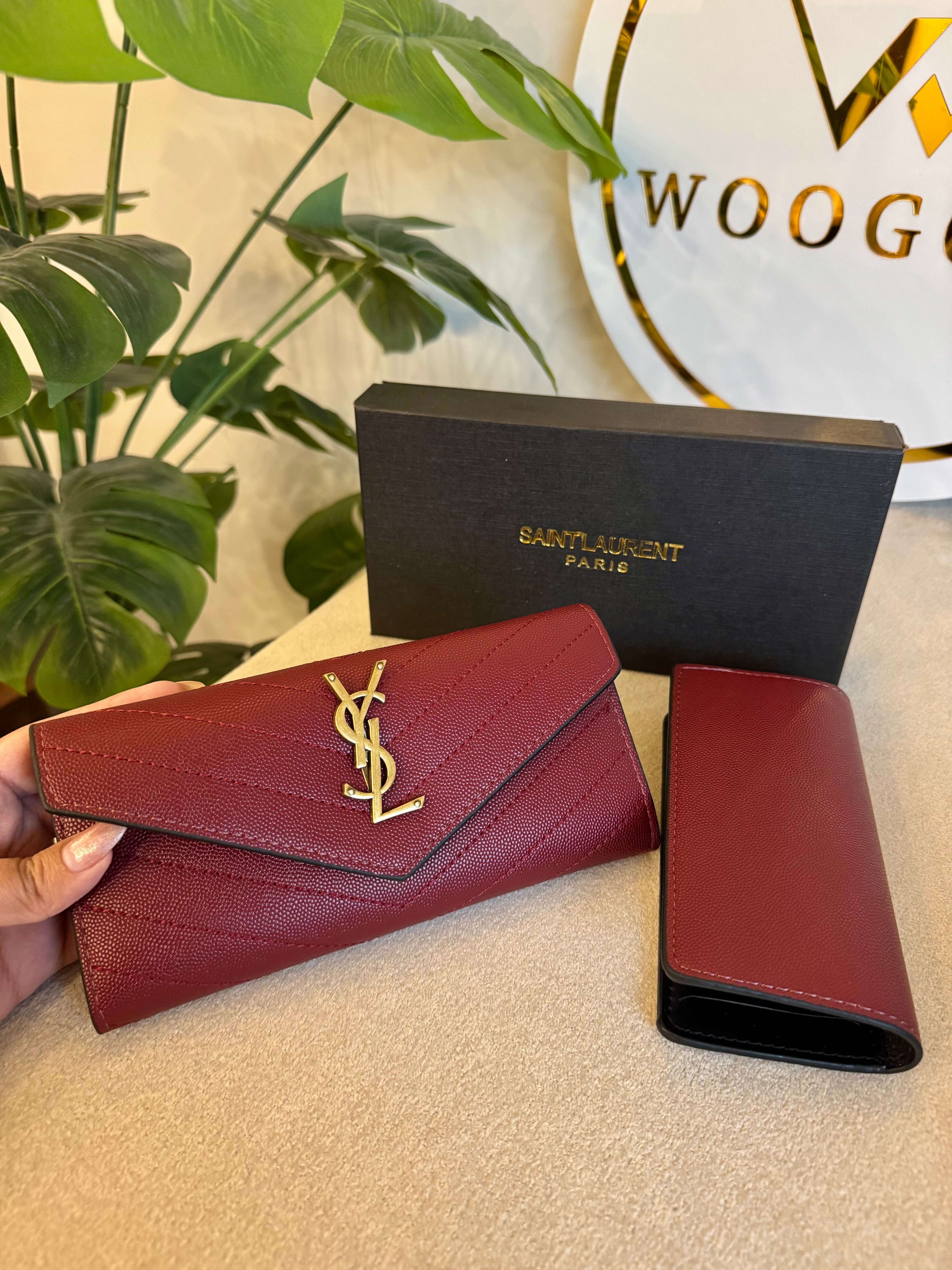 YSL Wallet with Card Holder Set (Maroon) - Box Packing