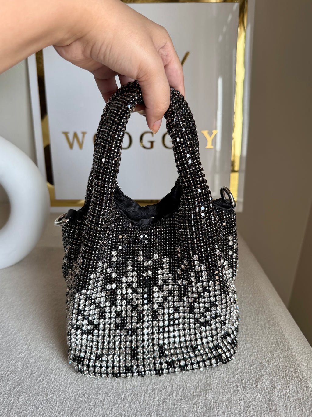 Party Wear Rhinestone Bucket Bag - Black