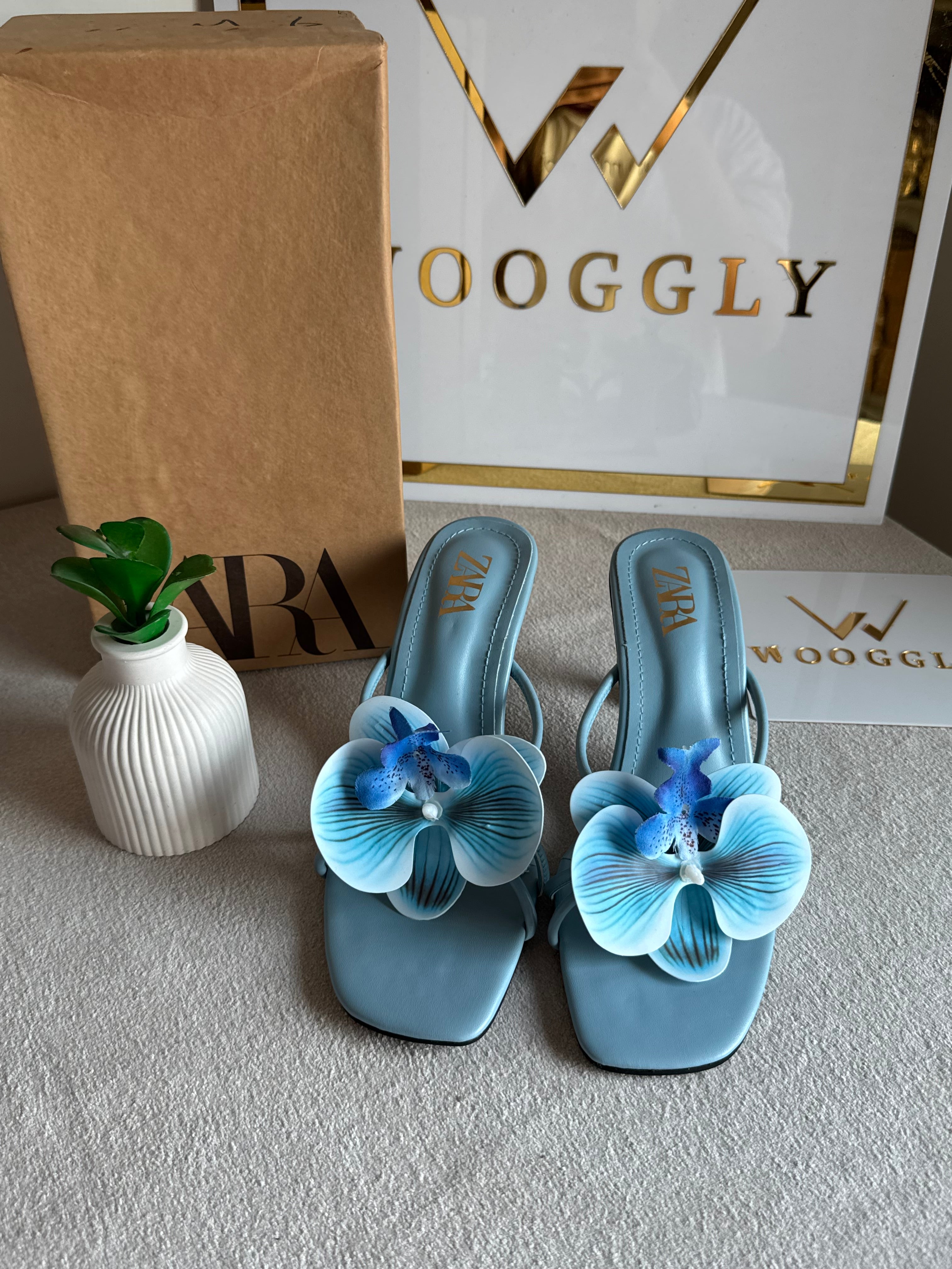 Zara Flower Heels BABY BLUE- with Brand Box