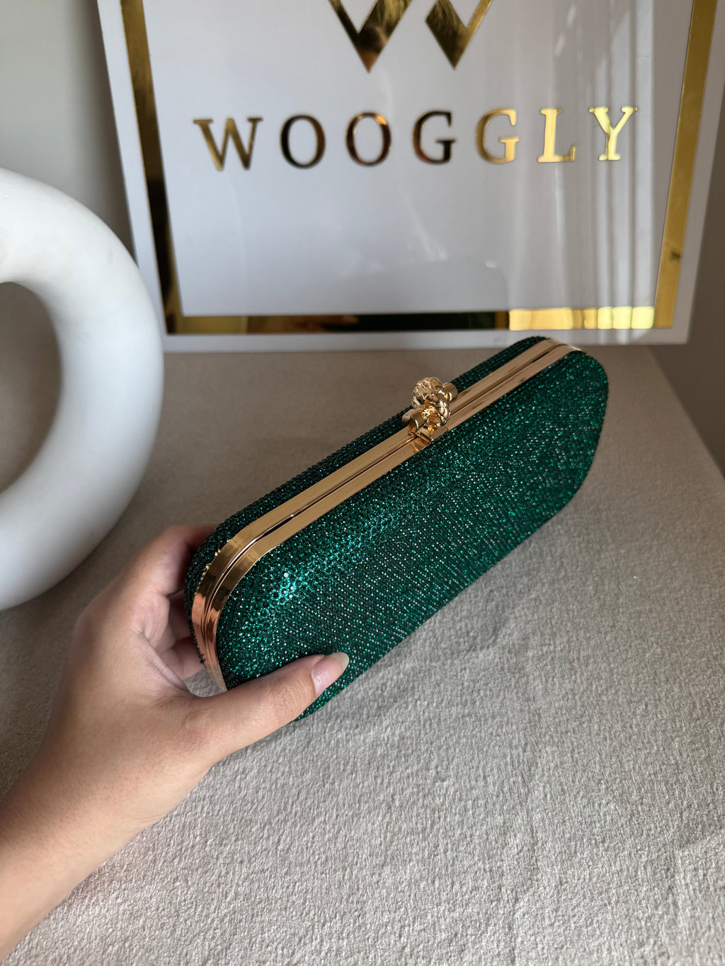 Bottega Shimmer Clutch - Green with Chain