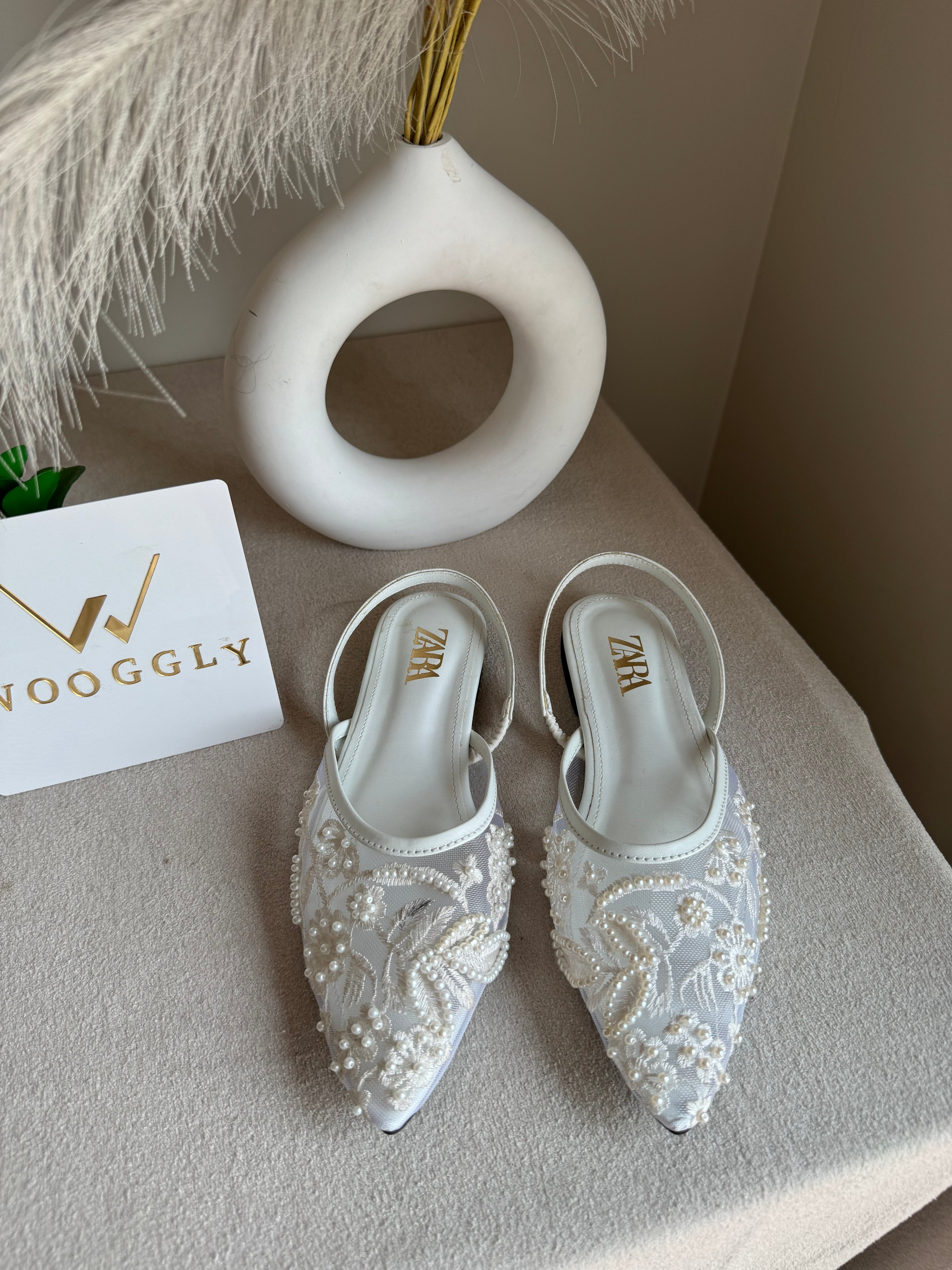Zara Embroidered Mesh Slingback Flats  - White