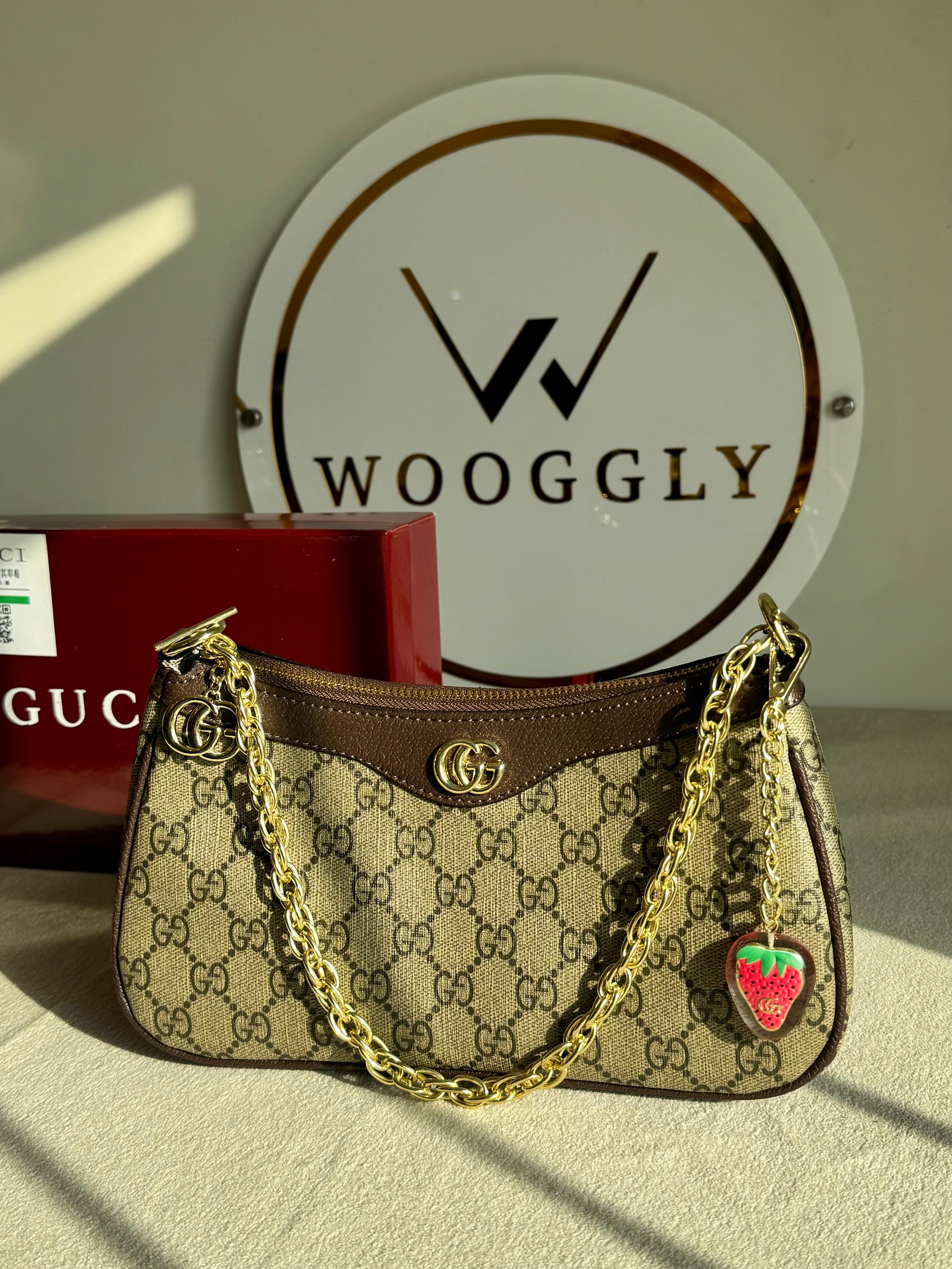 GUCCI Sling with Long Strap & Strawberry Charm - Signature Brown with Box Packing