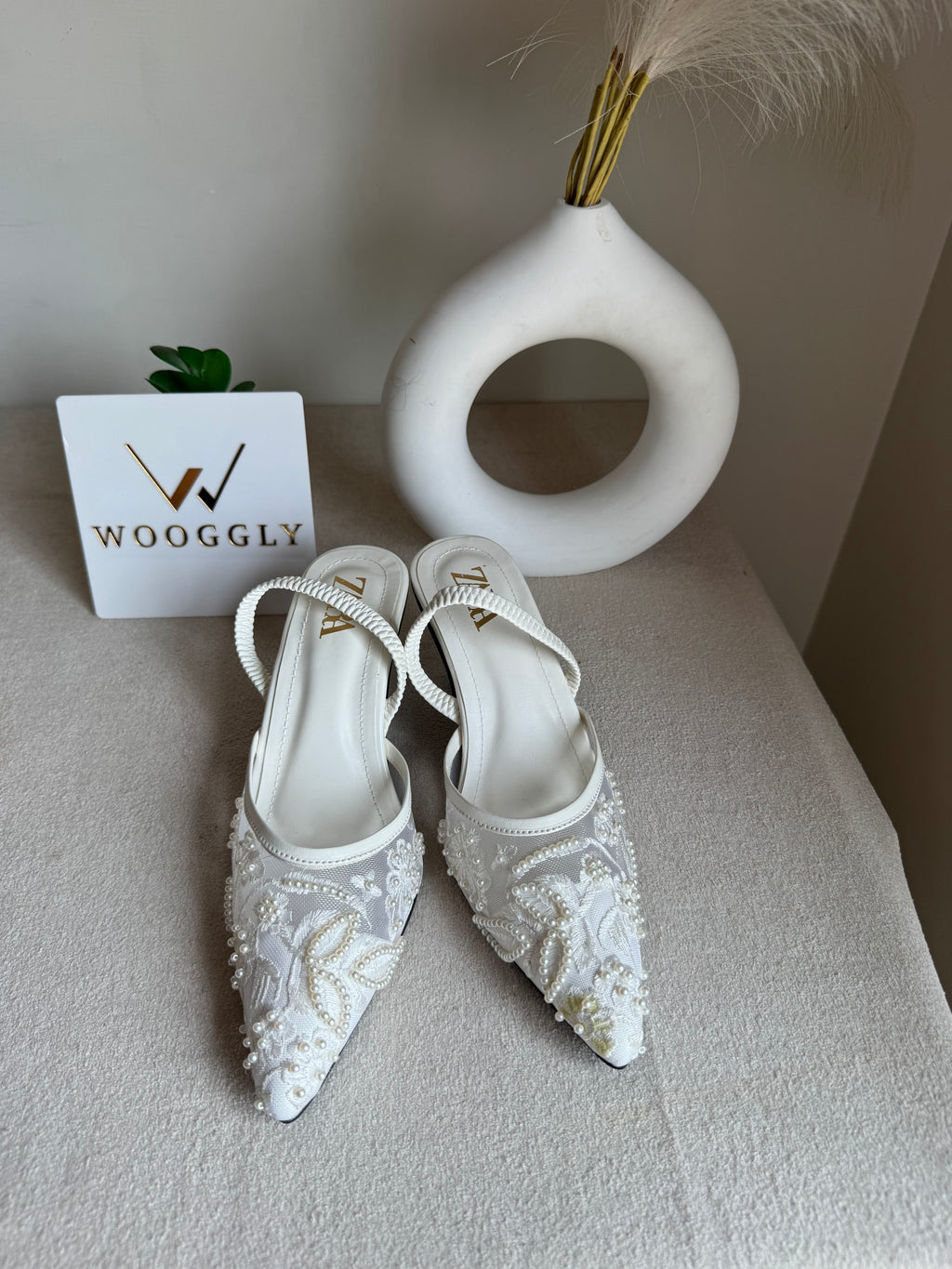 Zara Embroidered Net Heels - White