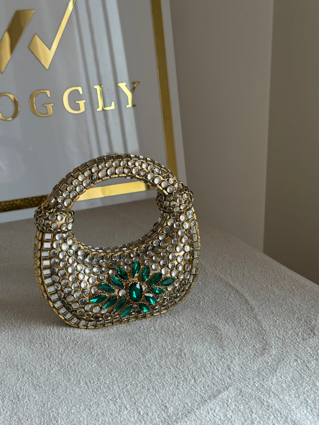 Kundan Classic Moon Clutch with Green Stone Embellishment
