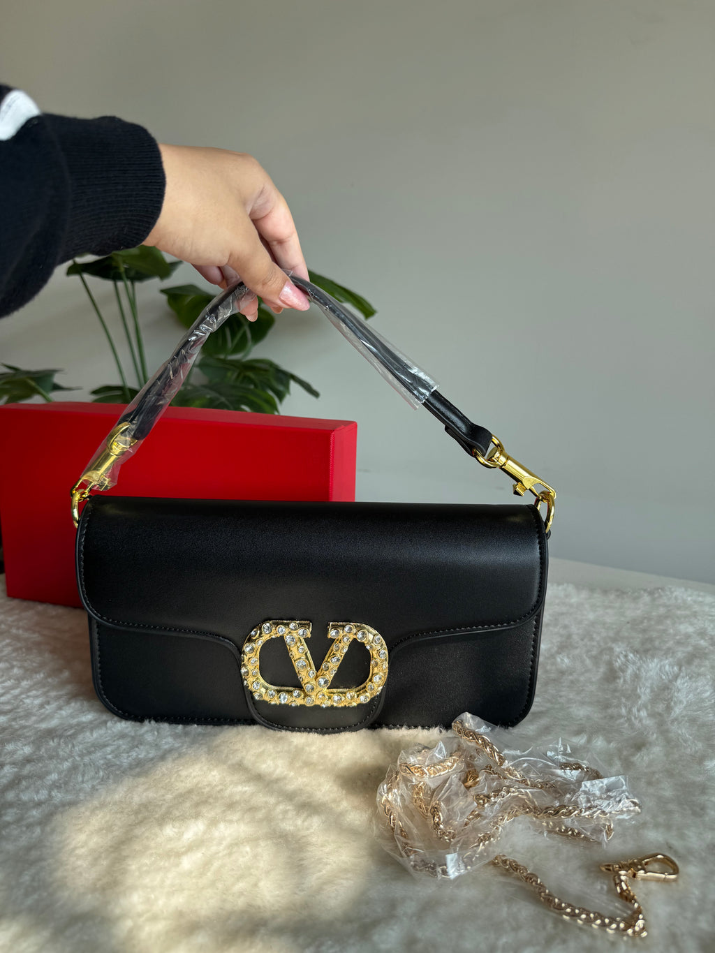 Valentino Loco with Jewel Logo PREMIUM Handbag with Box Packing - Black