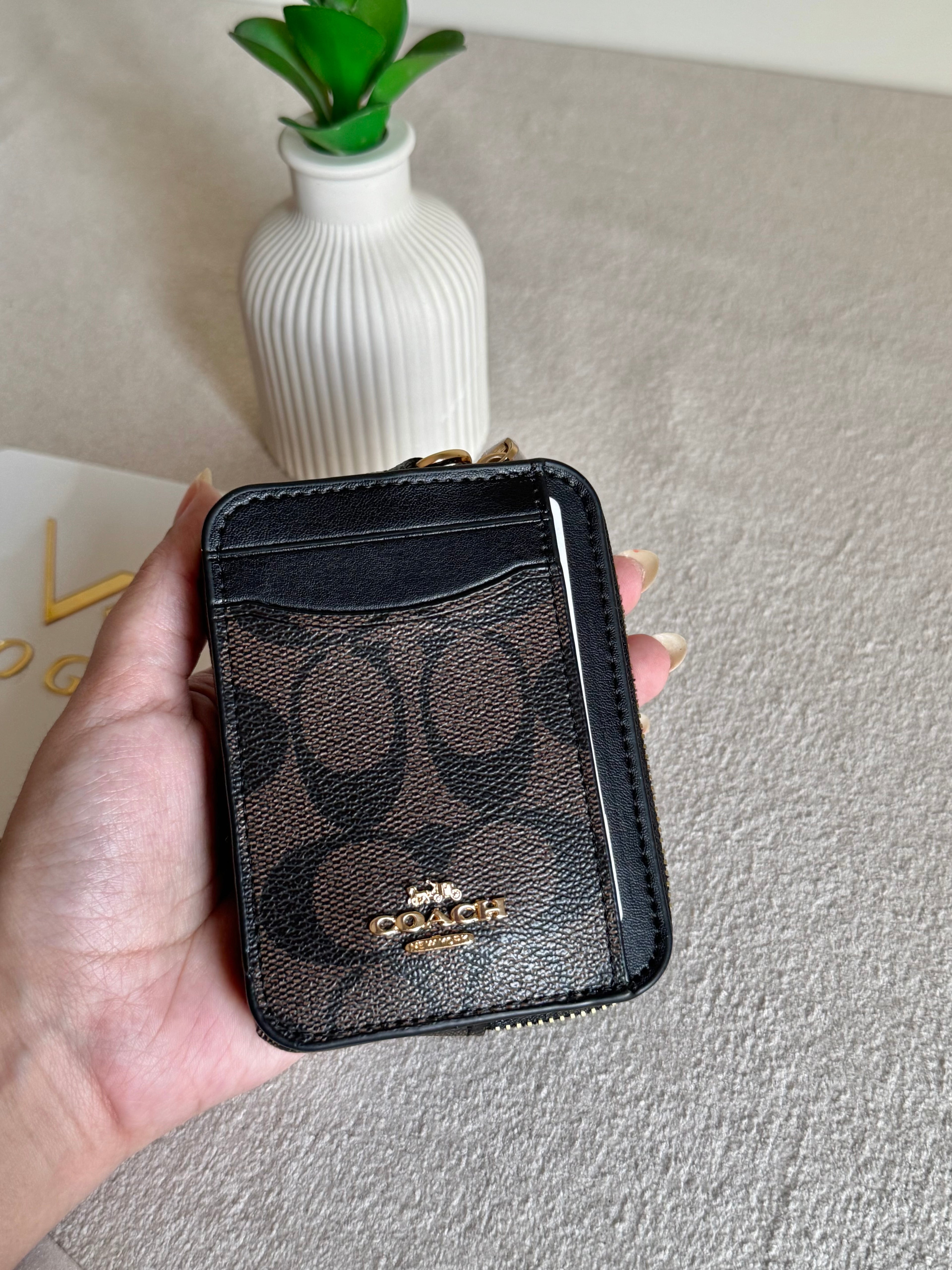 Coach Zip Card Case with Box Packing - Signature Brown