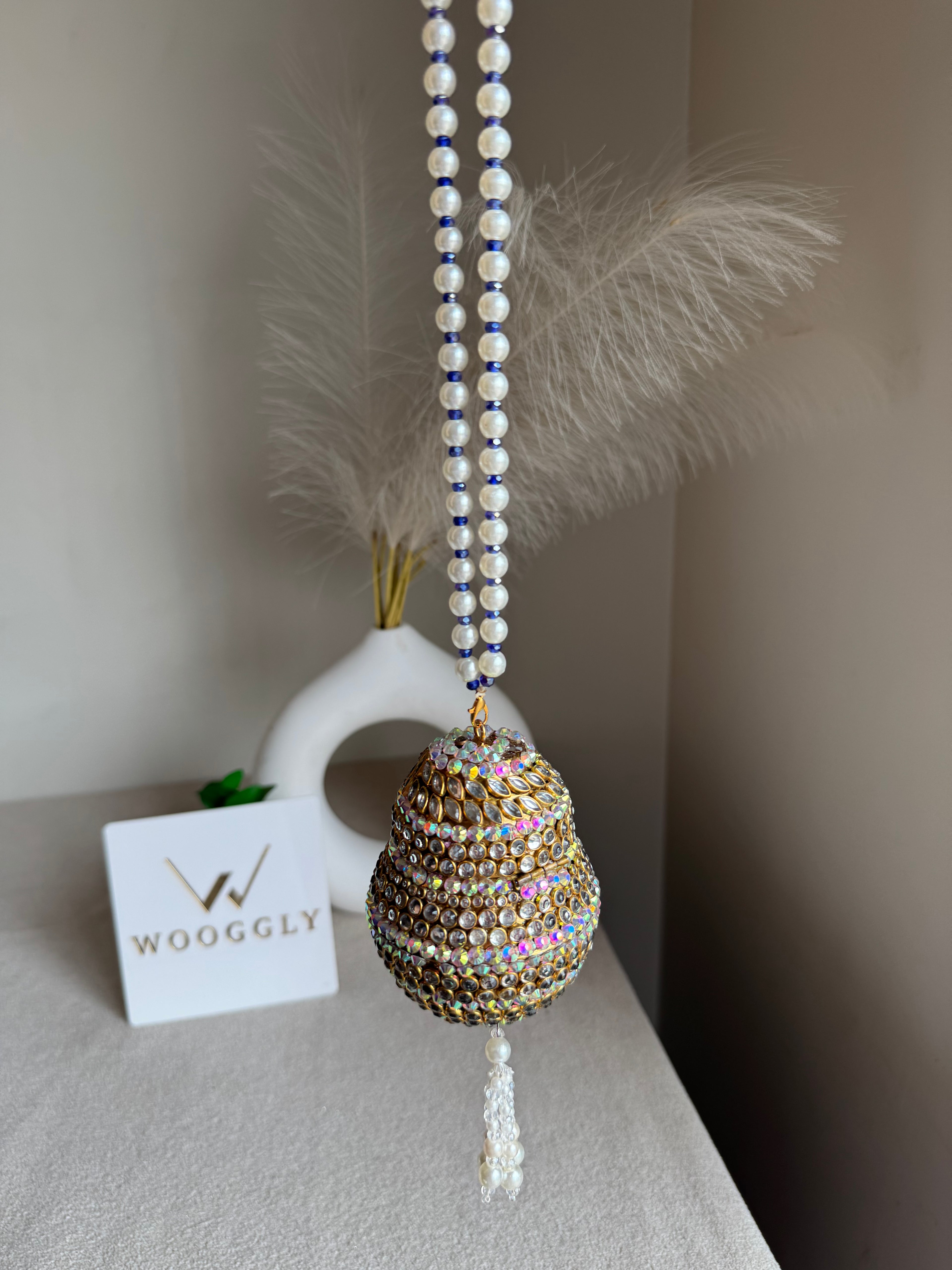 Turkish Potli - Pink Stone with Pearl/Blue Chain