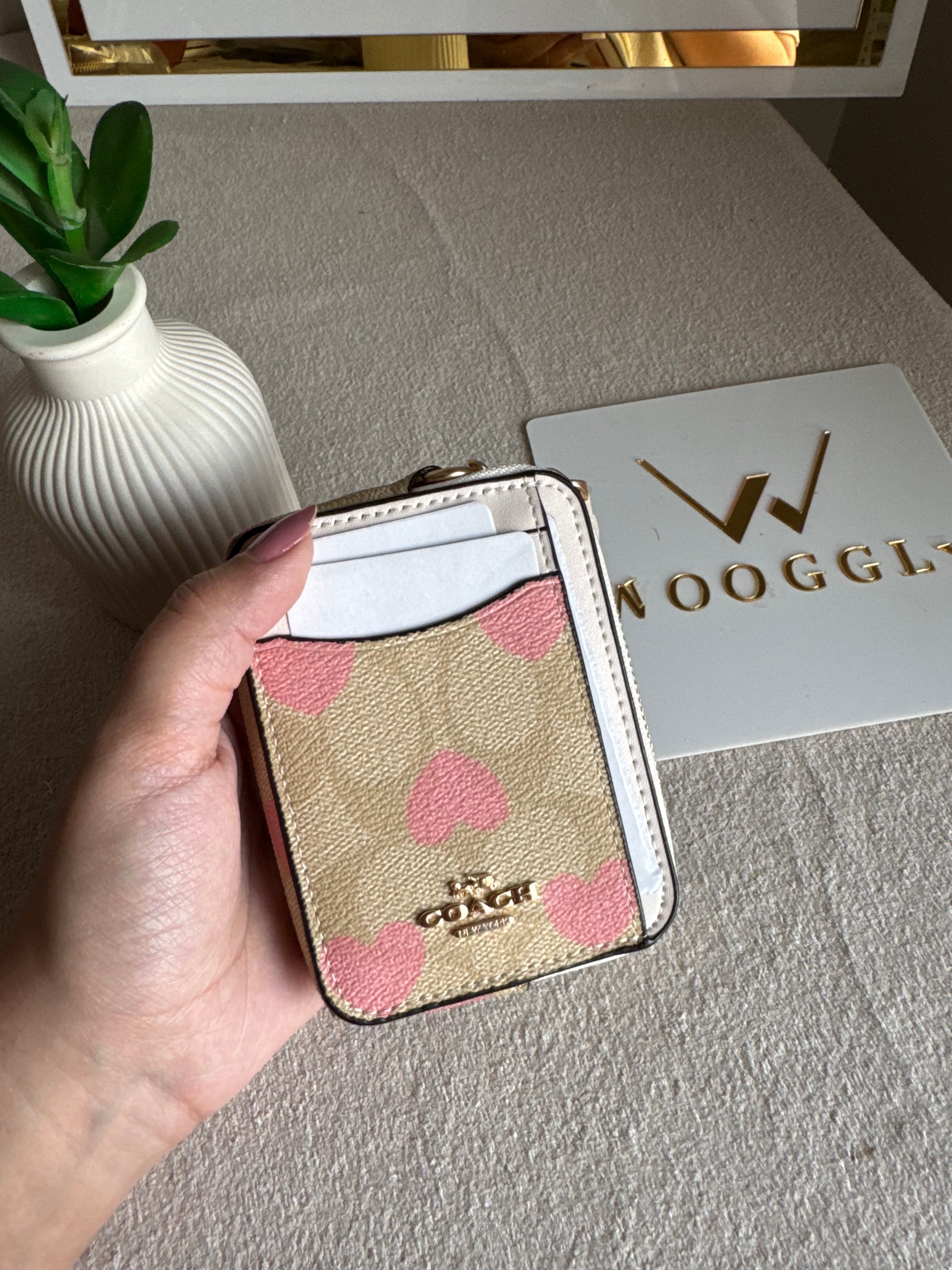 Coach Zip Card Case - Beige with Hearts