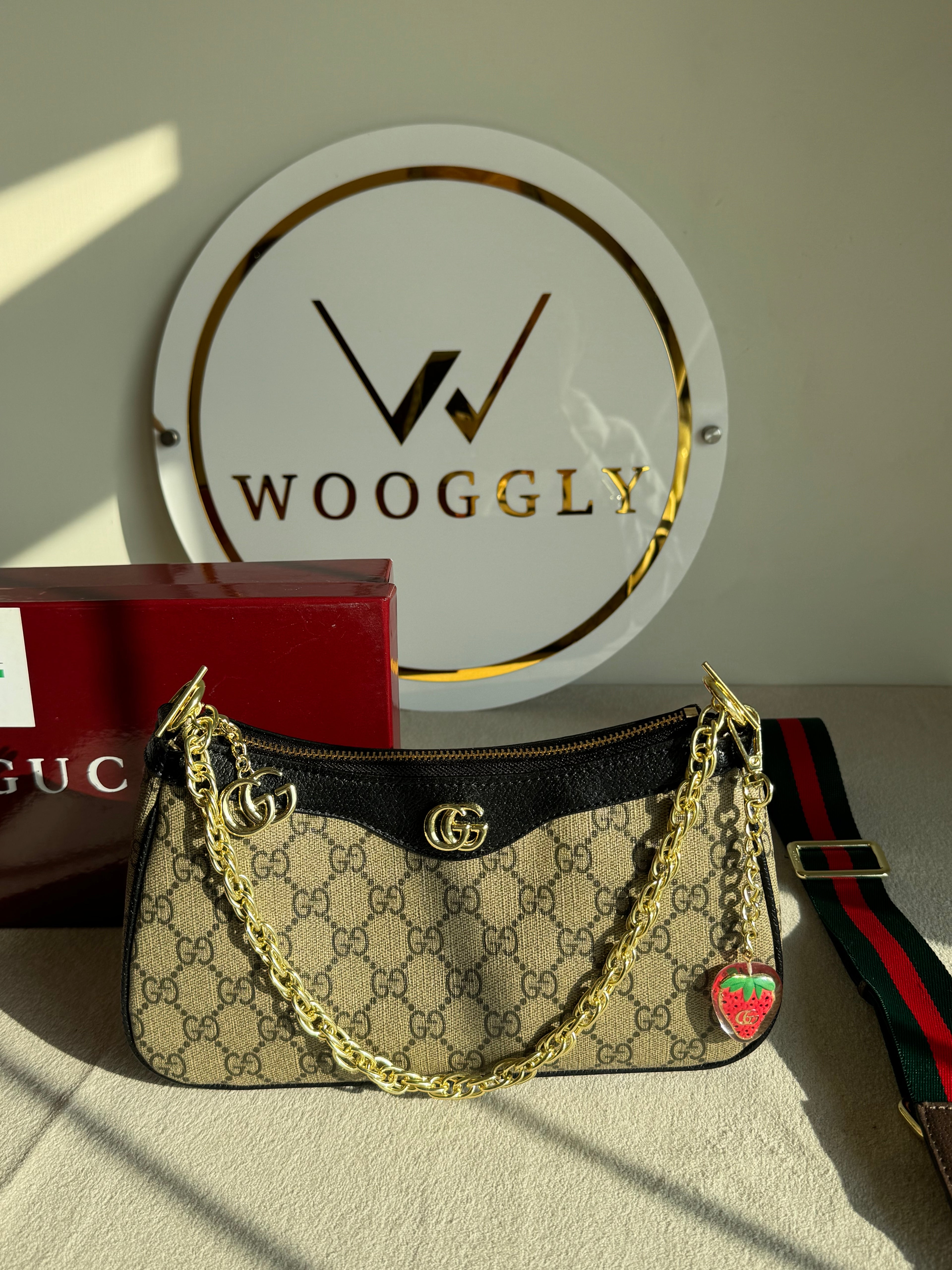 GUCCI Sling with Long Strap & Strawberry Charm - Signature Black with Box Packing
