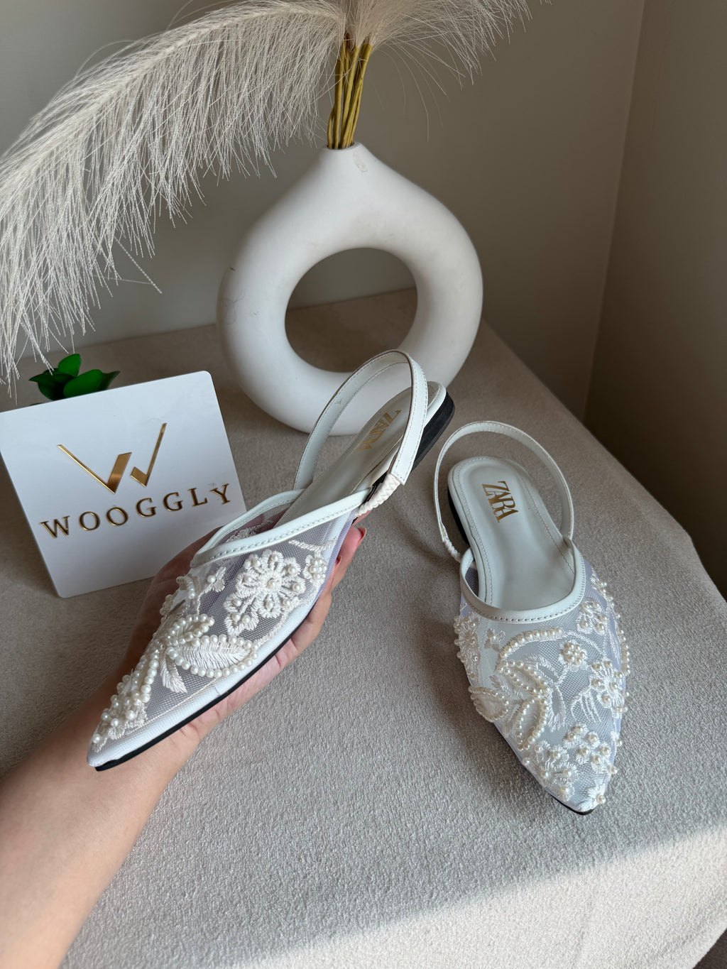 Zara Embroidered Mesh Slingback Flats  - White