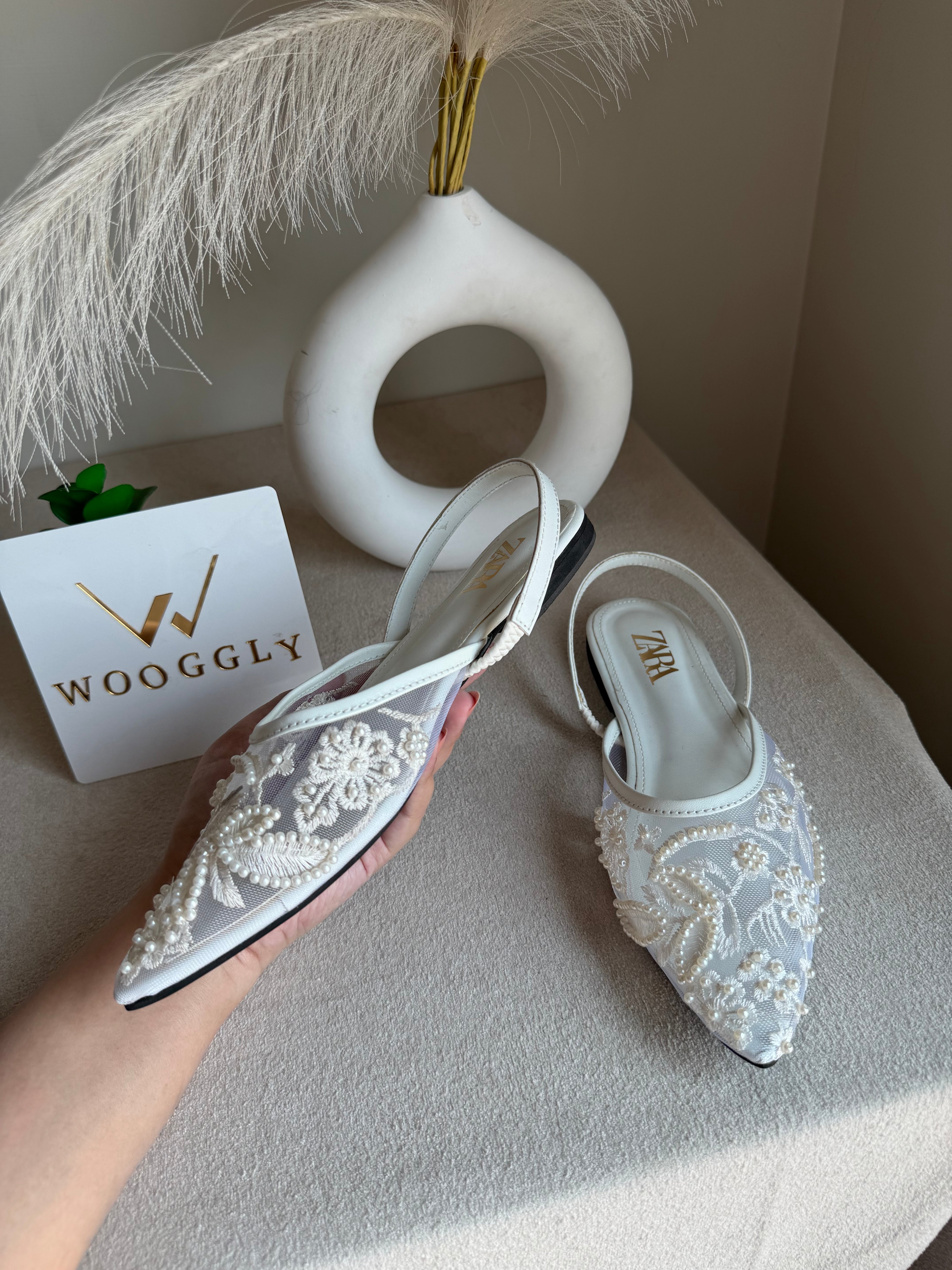 Zara Embroidered Mesh Slingback Flats  - White