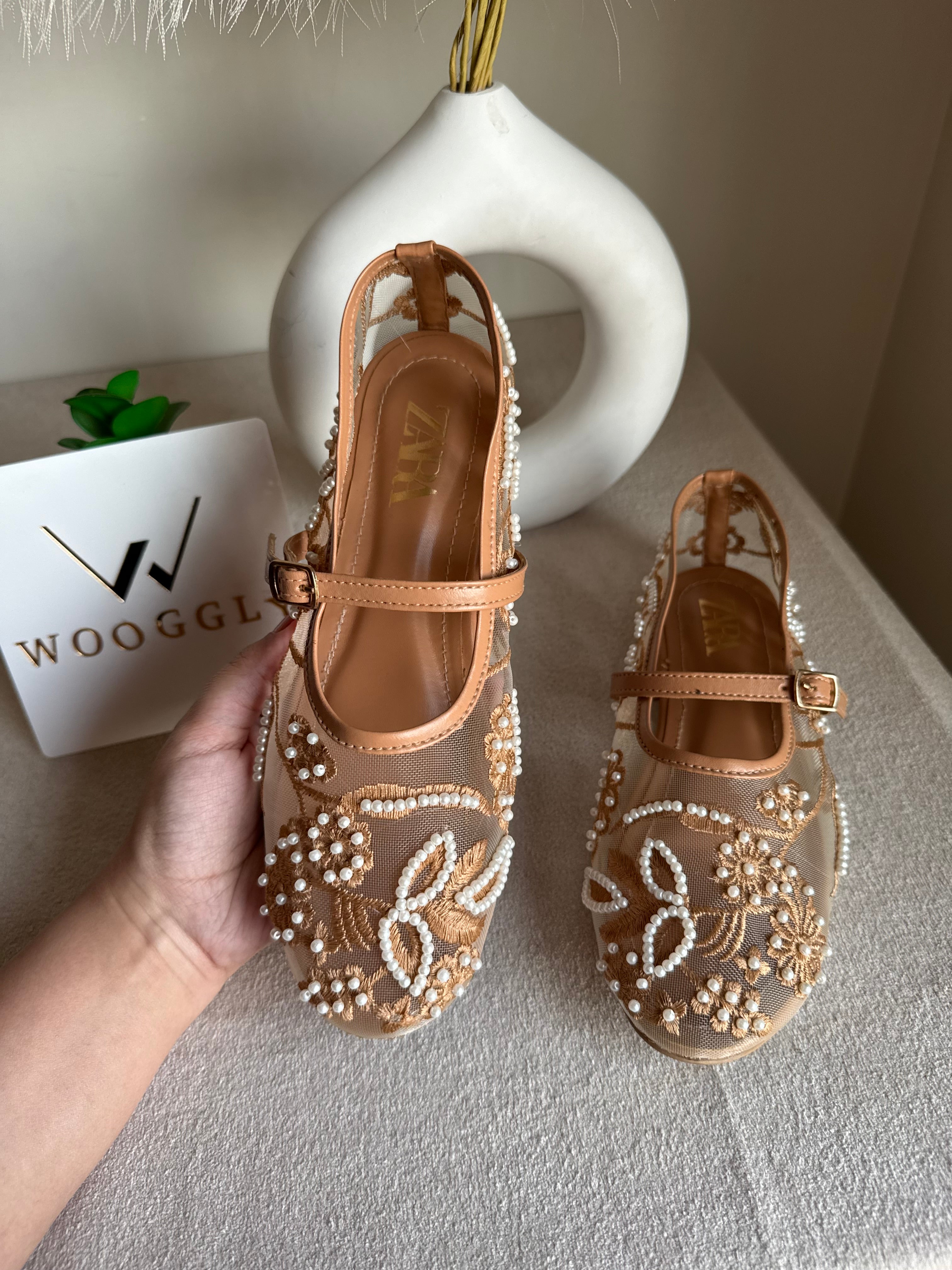 Zara Embroided Net Pumps - Beige