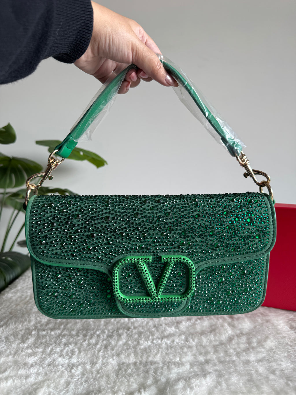 Valentino Loco Rhinestone PREMIUM Handbag with Box Packing - Emerald Green