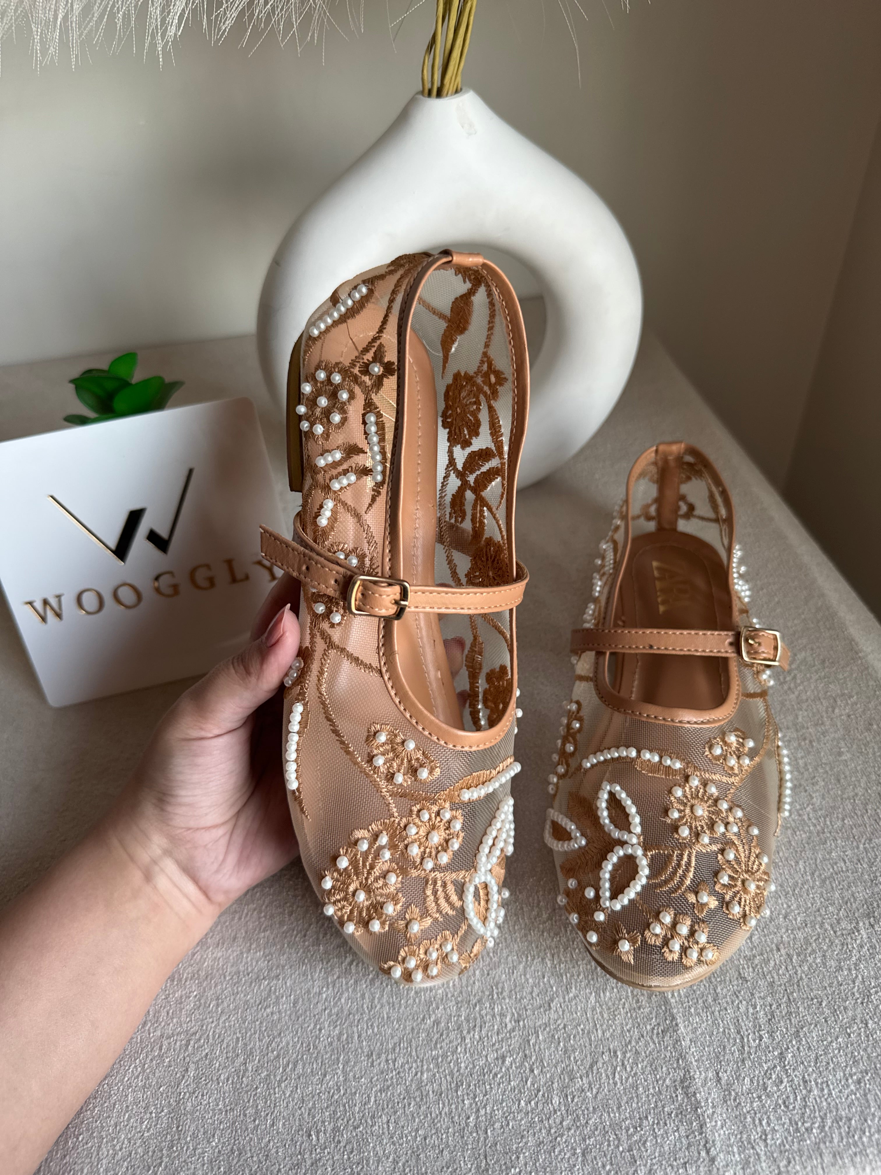 Zara Embroided Net Pumps - Beige