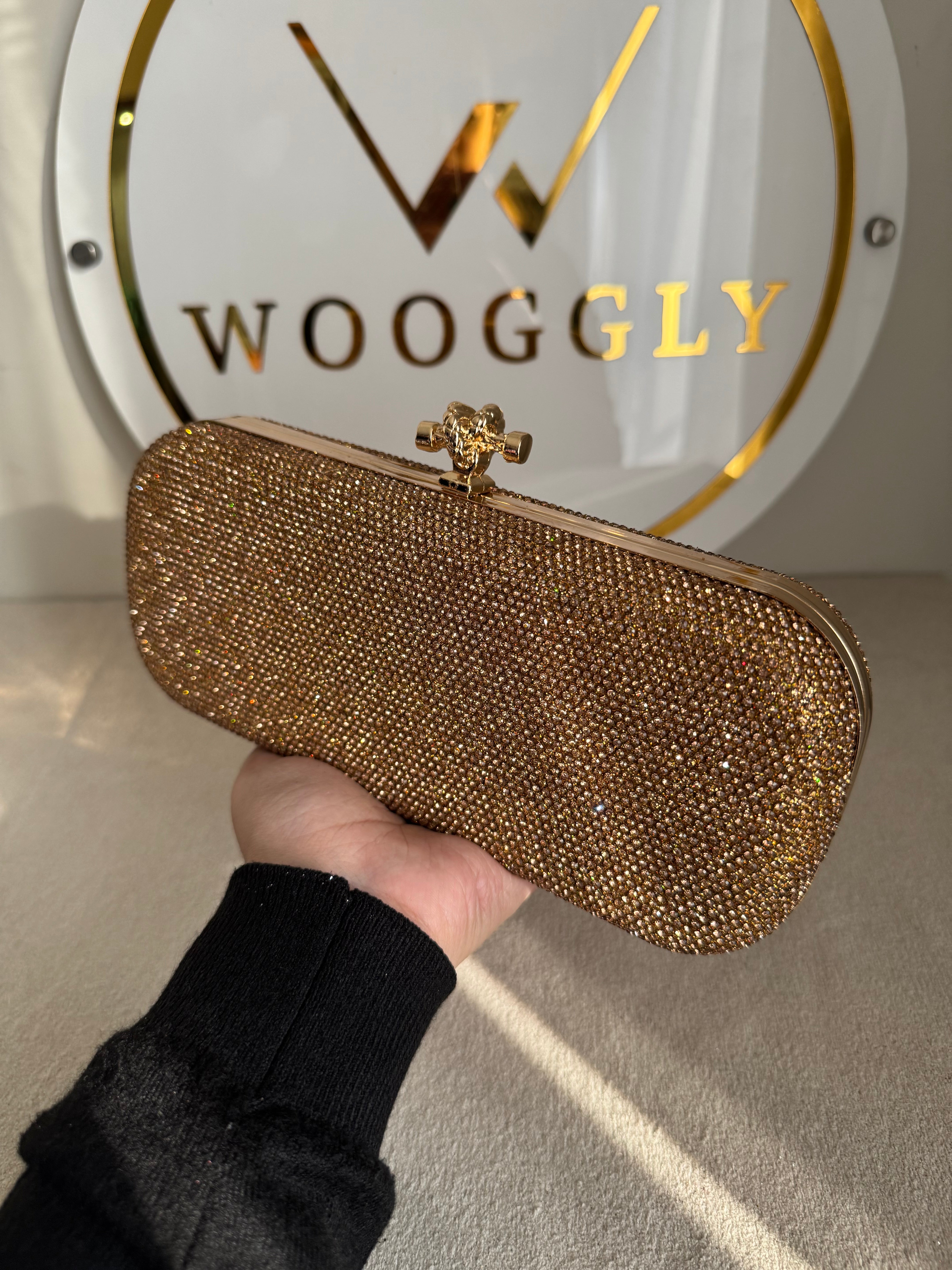 Bottega Shimmer Clutch - Champagne with Chain