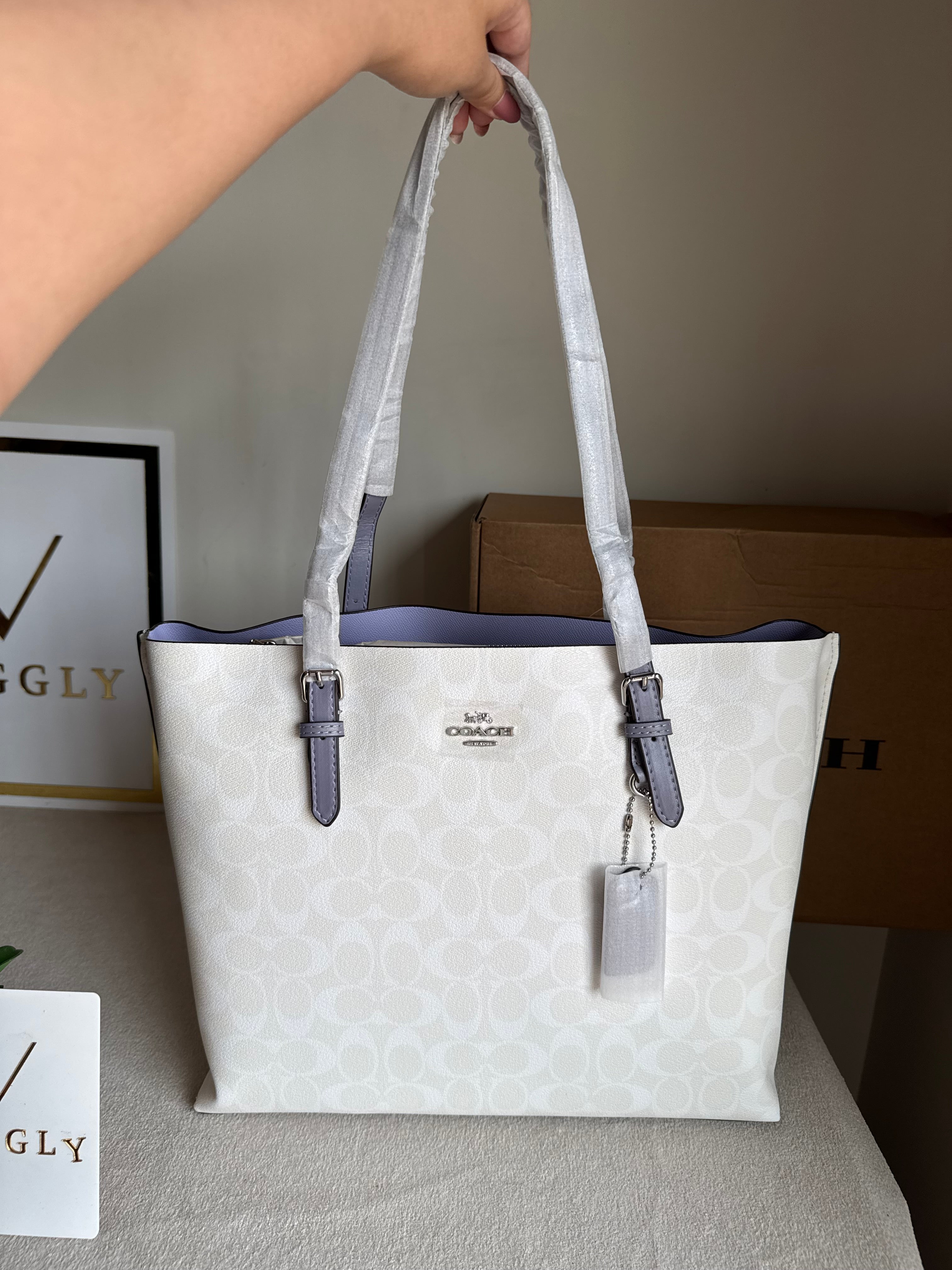 EXTREMELY PREMIUM COACH Mollie Tote Bag - Signature White & Lilac (BOX PACKING)