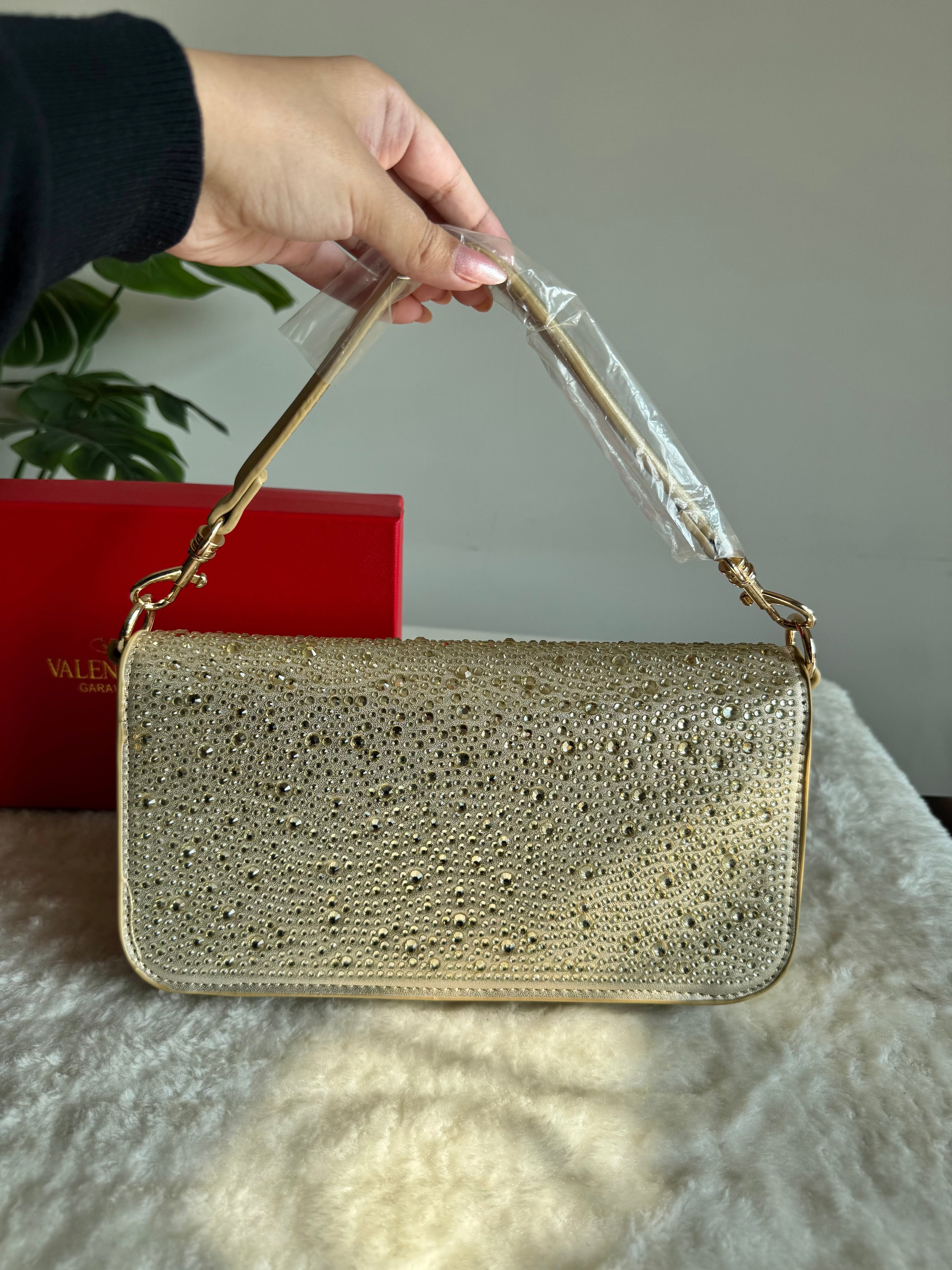 Valentino Loco Rhinestone PREMIUM Handbag with Box Packing - Champagne