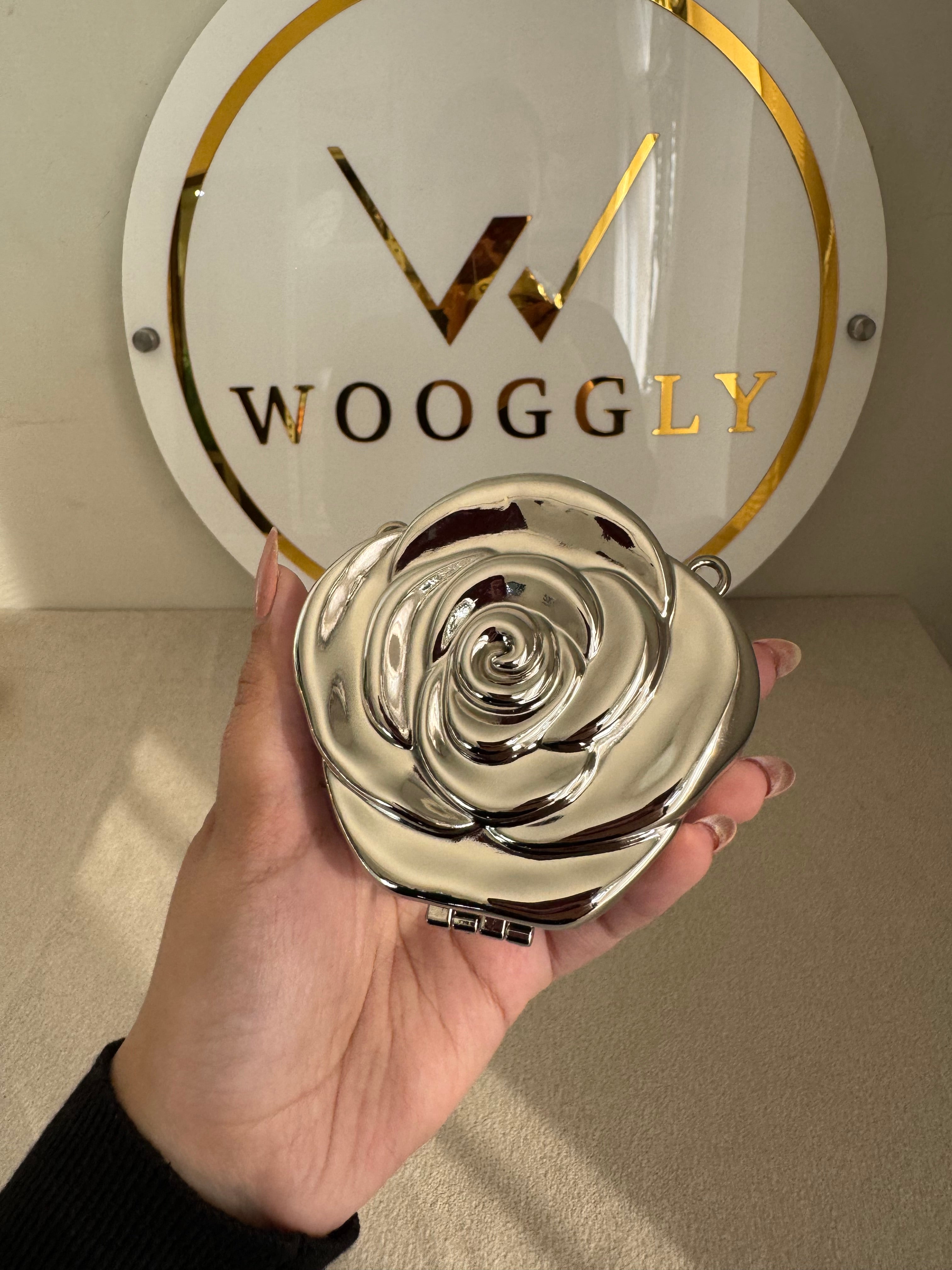 Metallic Rose Clutch with Chain - Mini Silver