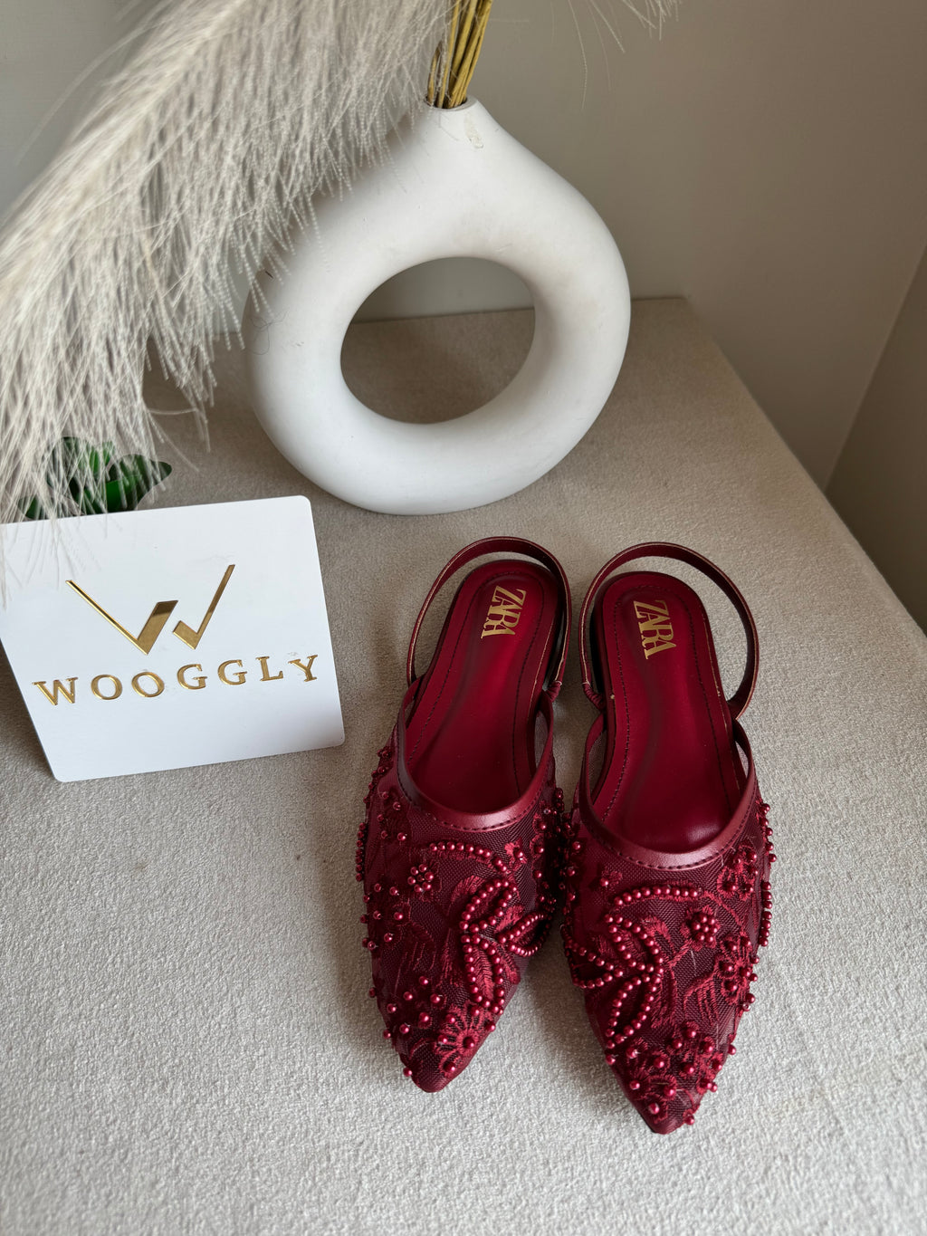 Zara Embroidered Mesh Slingback Flats  - Maroon