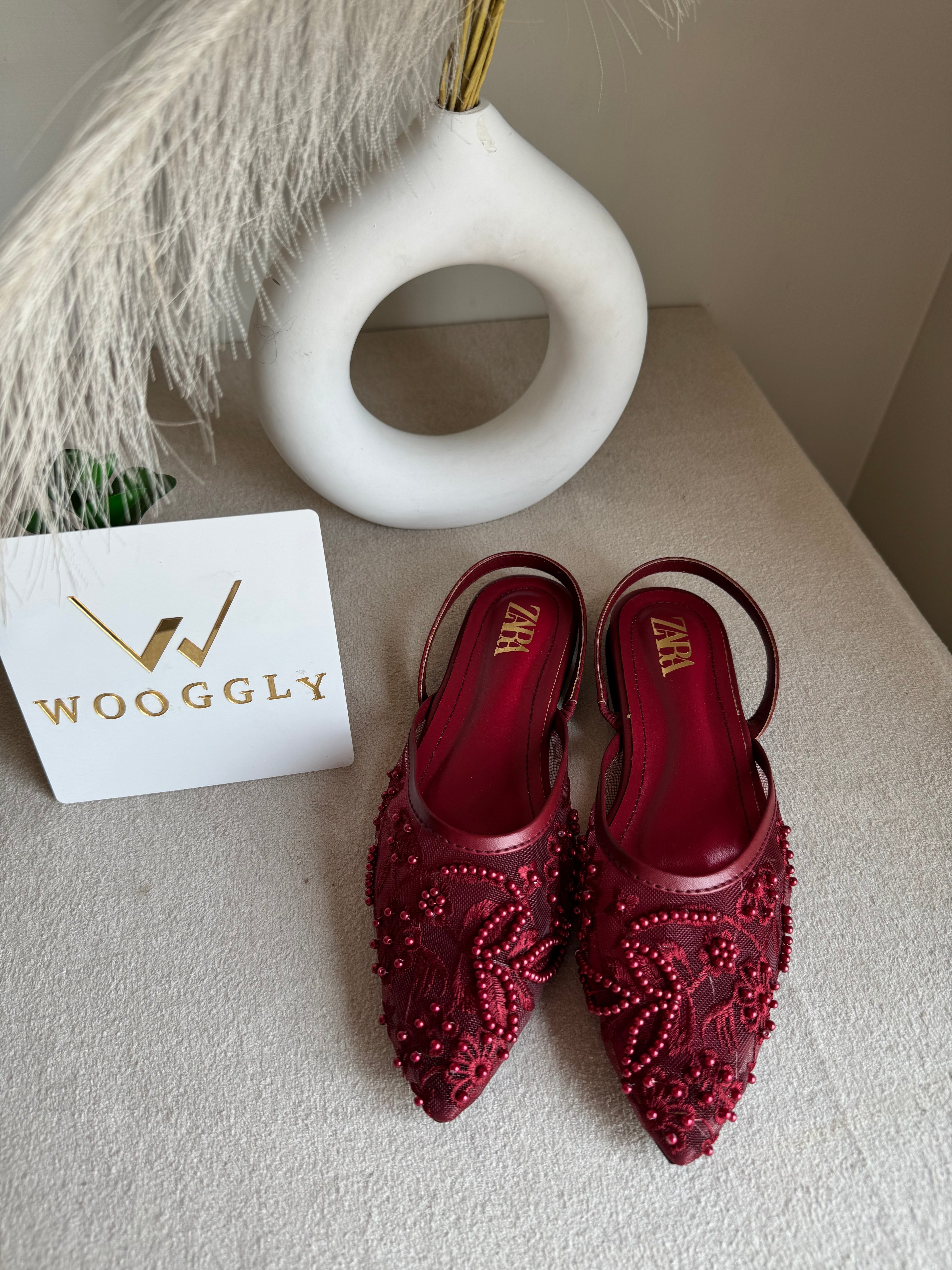 Zara Embroidered Mesh Slingback Flats  - Maroon