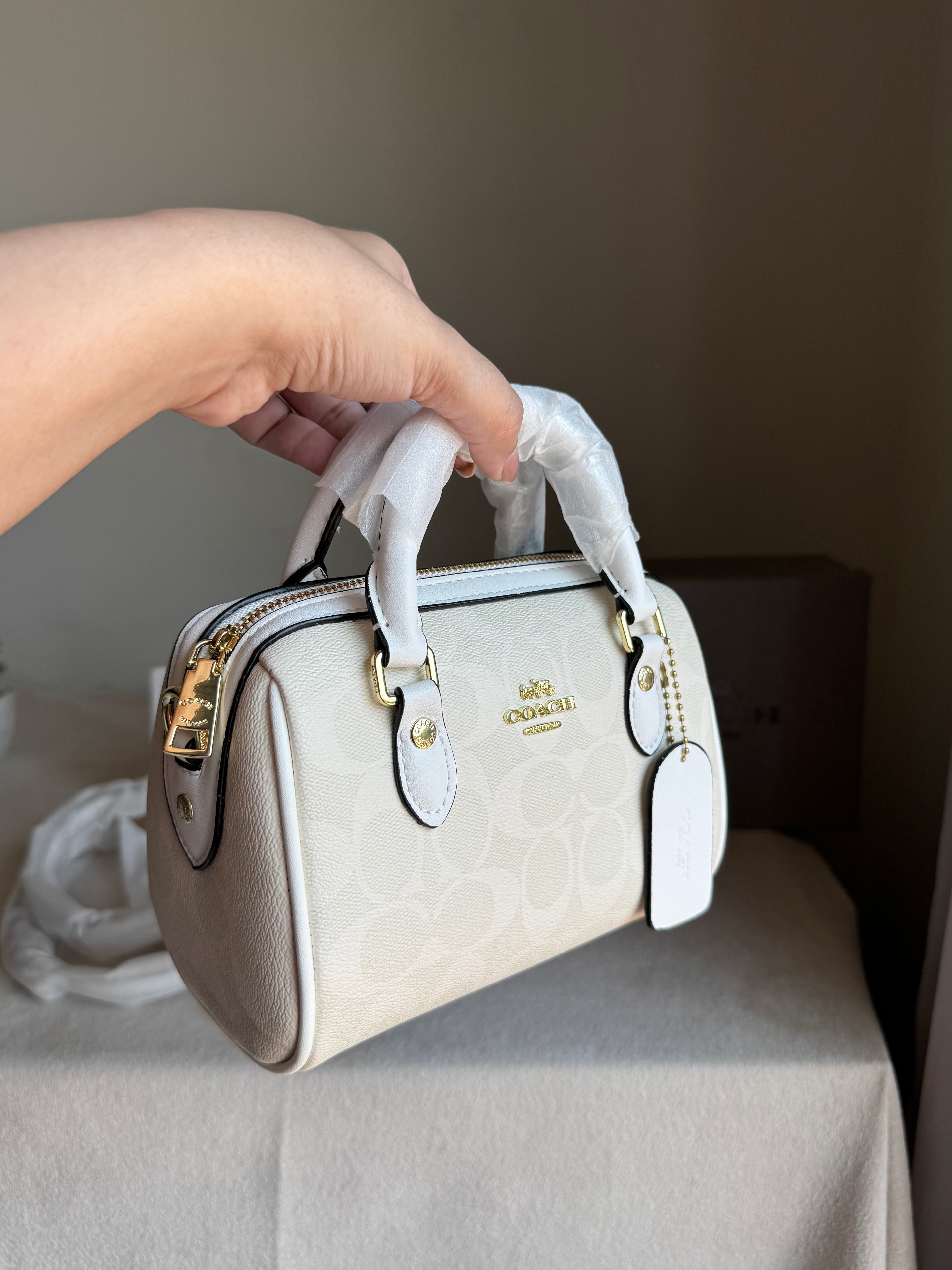 COACH Mini Duffle Bag PREMIUM with Long Strap Signature White - BOX PACKING