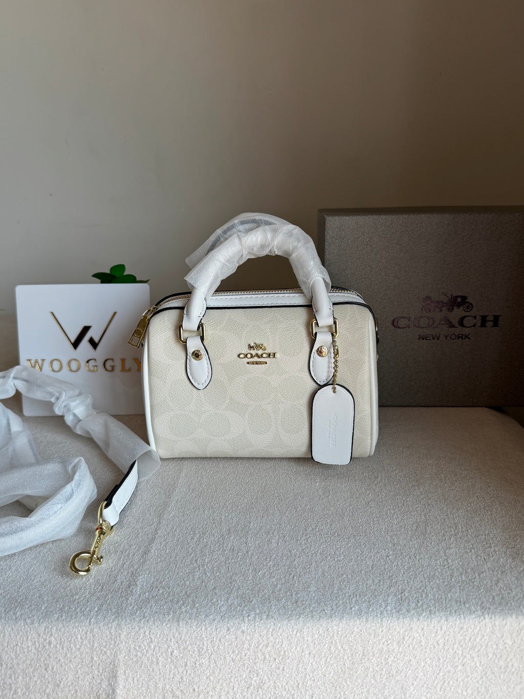 COACH Mini Duffle Bag PREMIUM with Long Strap Signature White - BOX PACKING