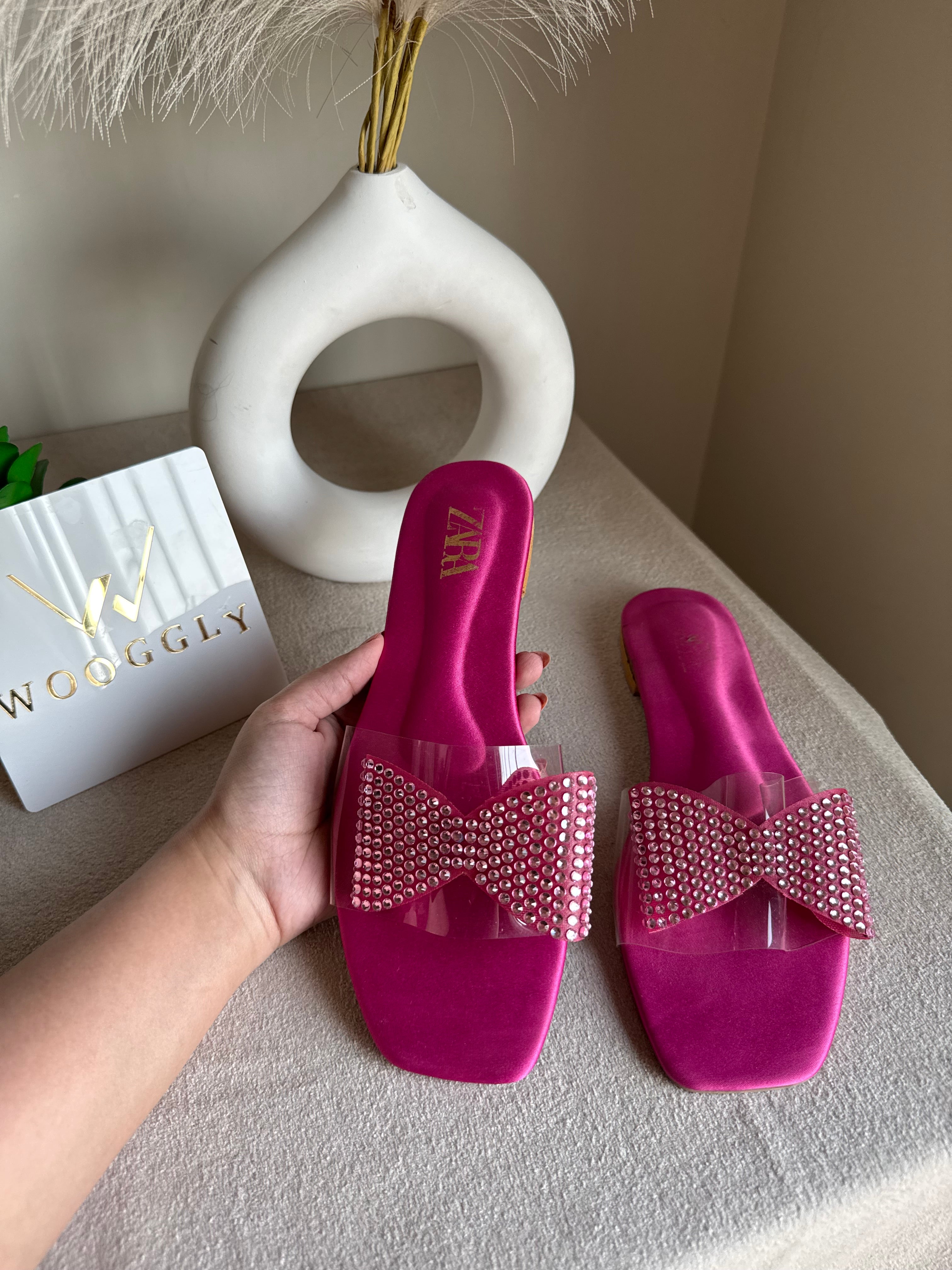 Zara Glitter Bow Slides - Hot Pink