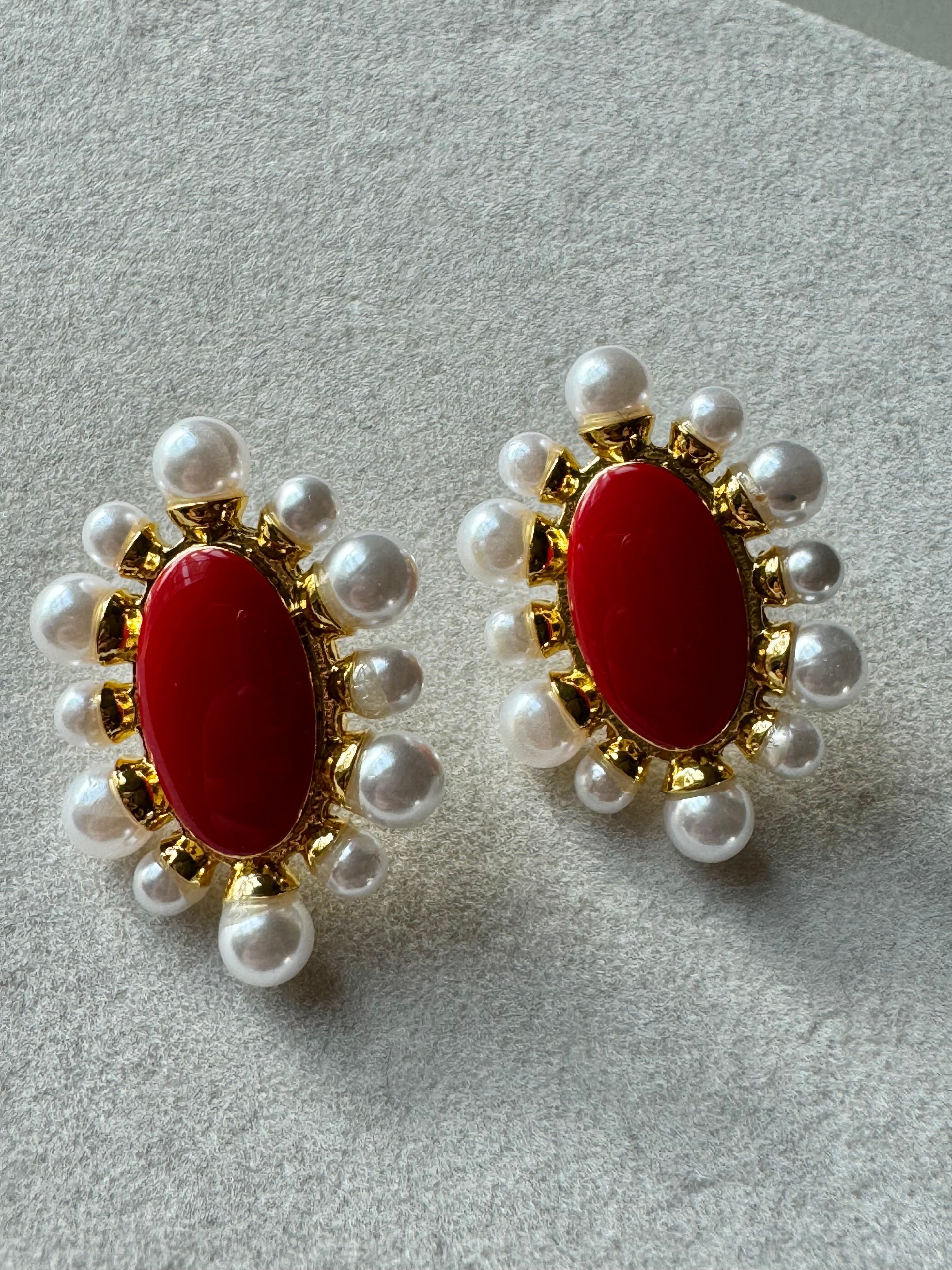 Lunar Essense Studs - Red & Pearls
