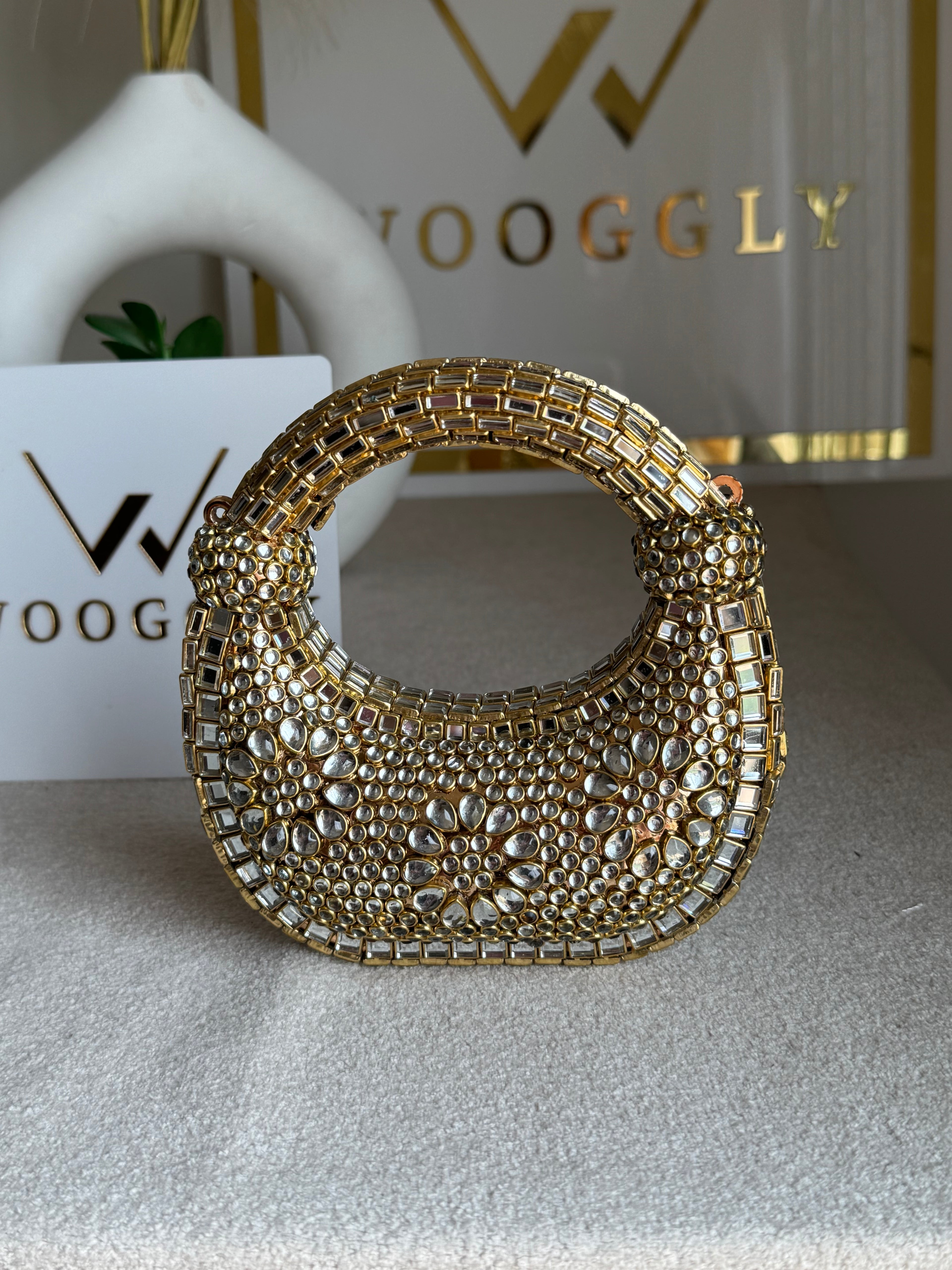 Kundan Classic Moon Clutch DESIGN 2 - Gold with Chain