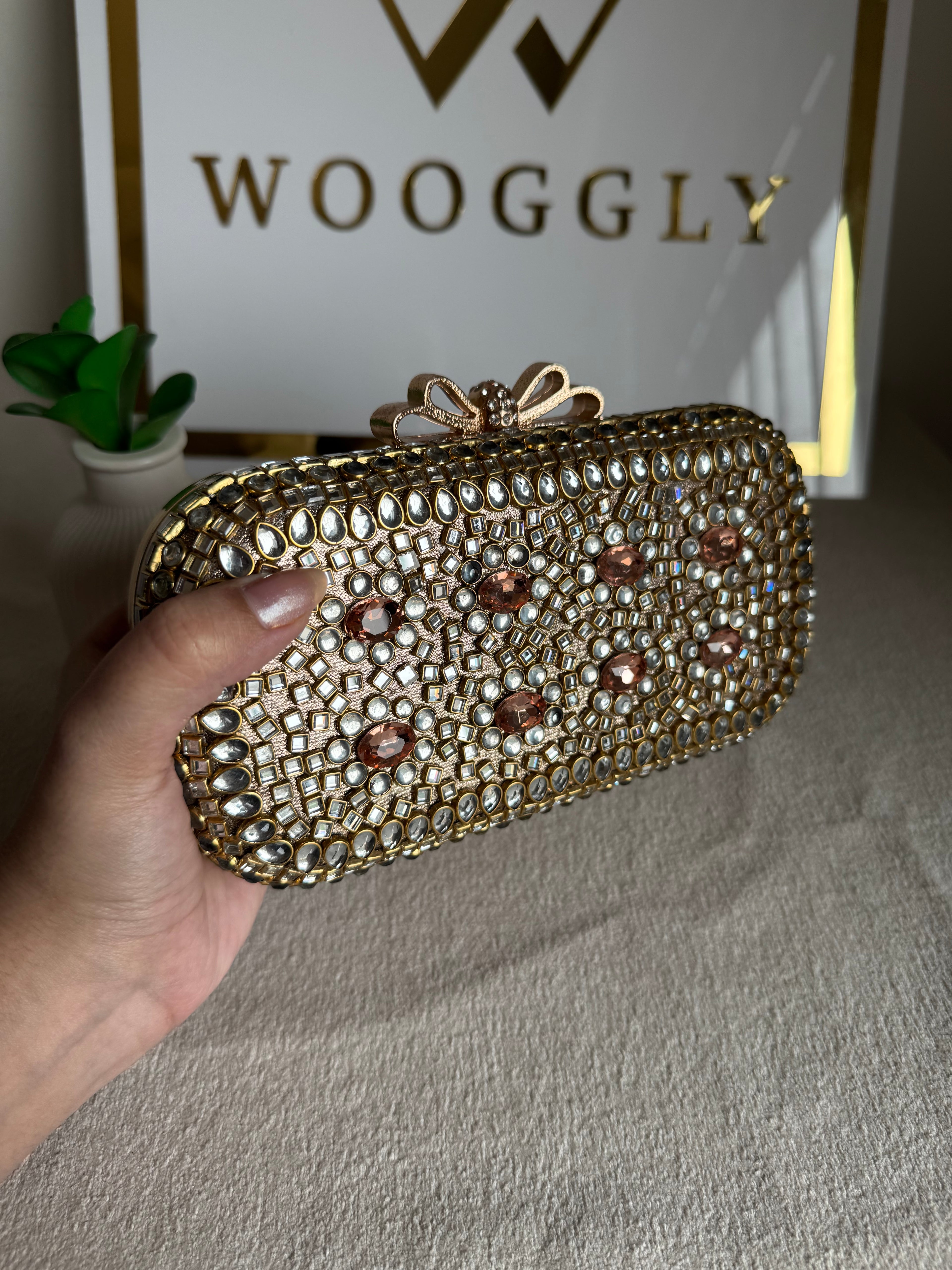 Kundan Stone Clutch - Rose Gold Stones