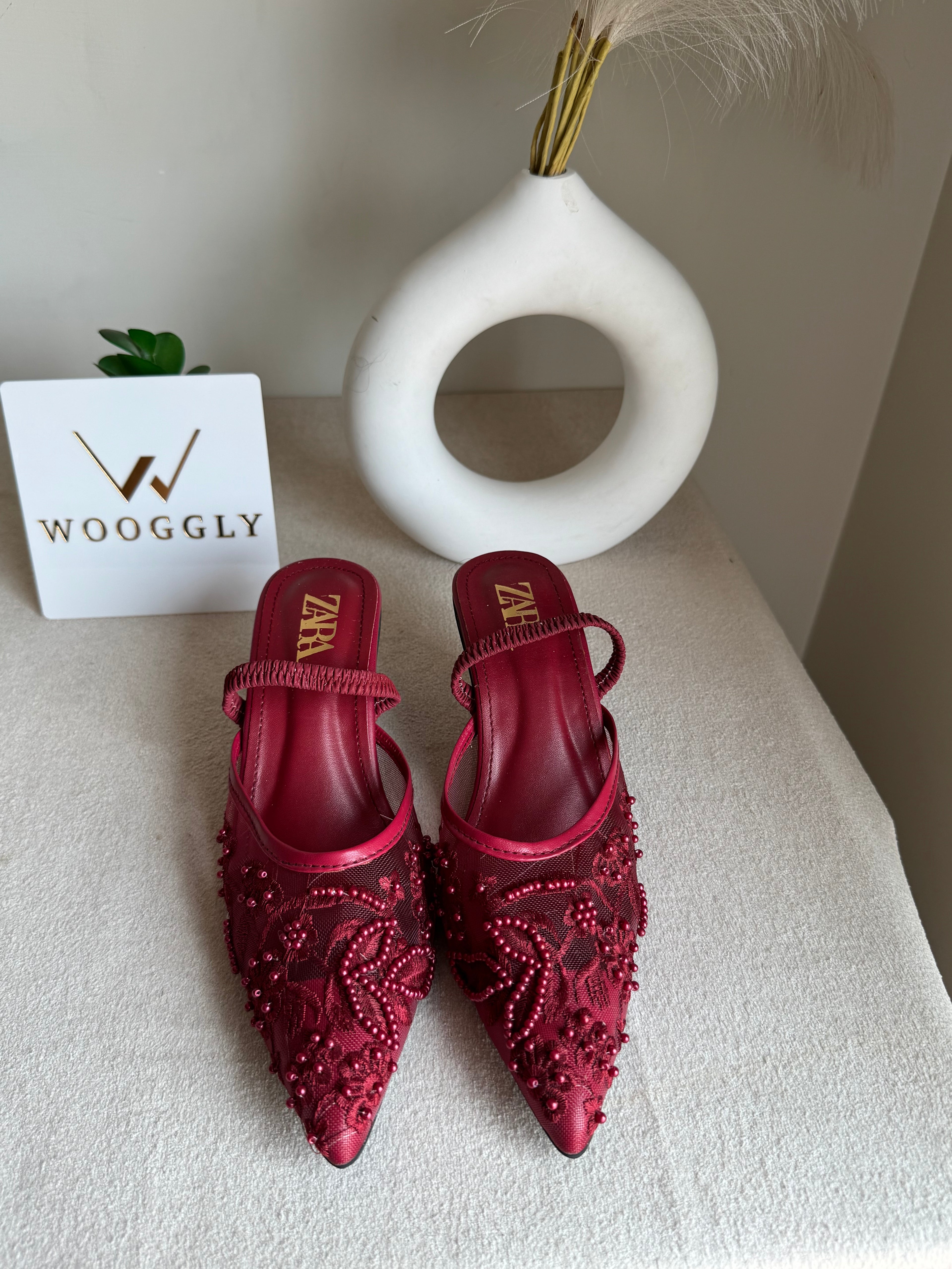 Zara Embroidered Net Heels - Maroon