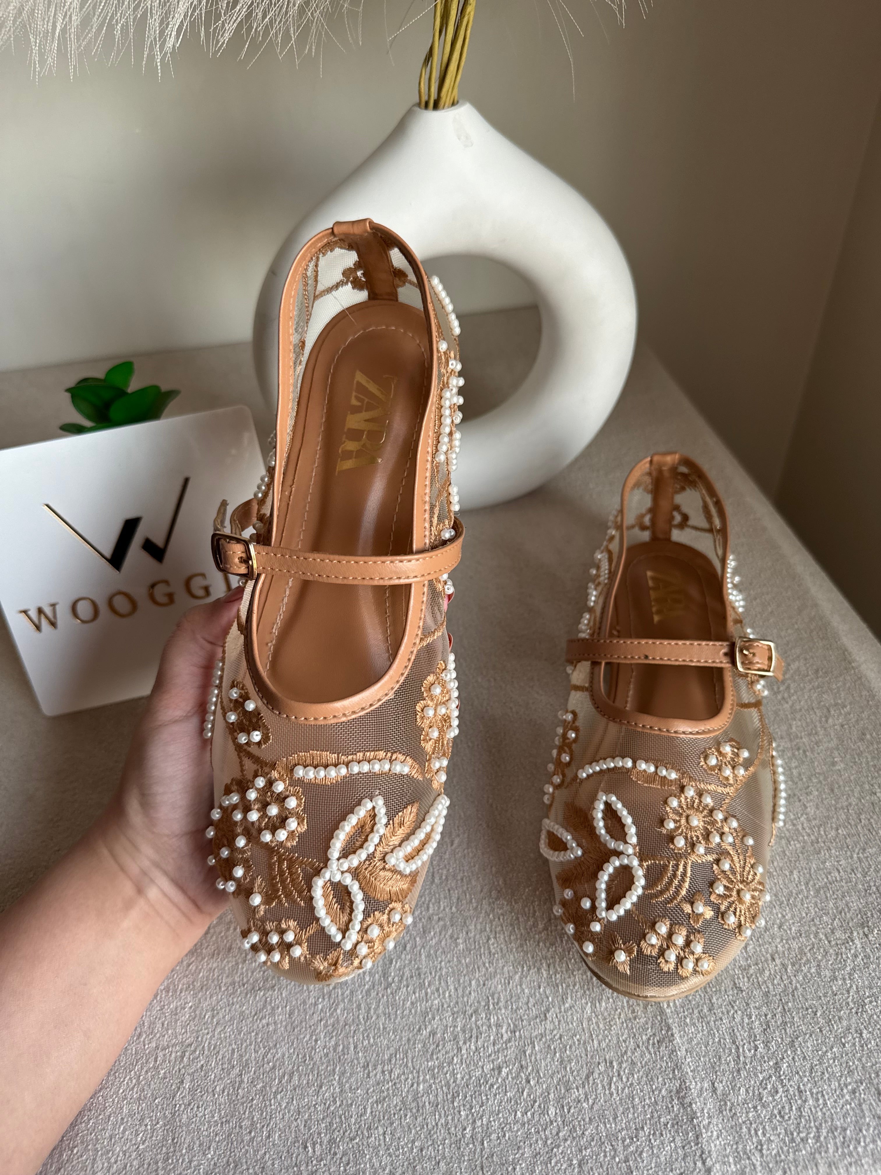 Zara Embroided Net Pumps - Beige