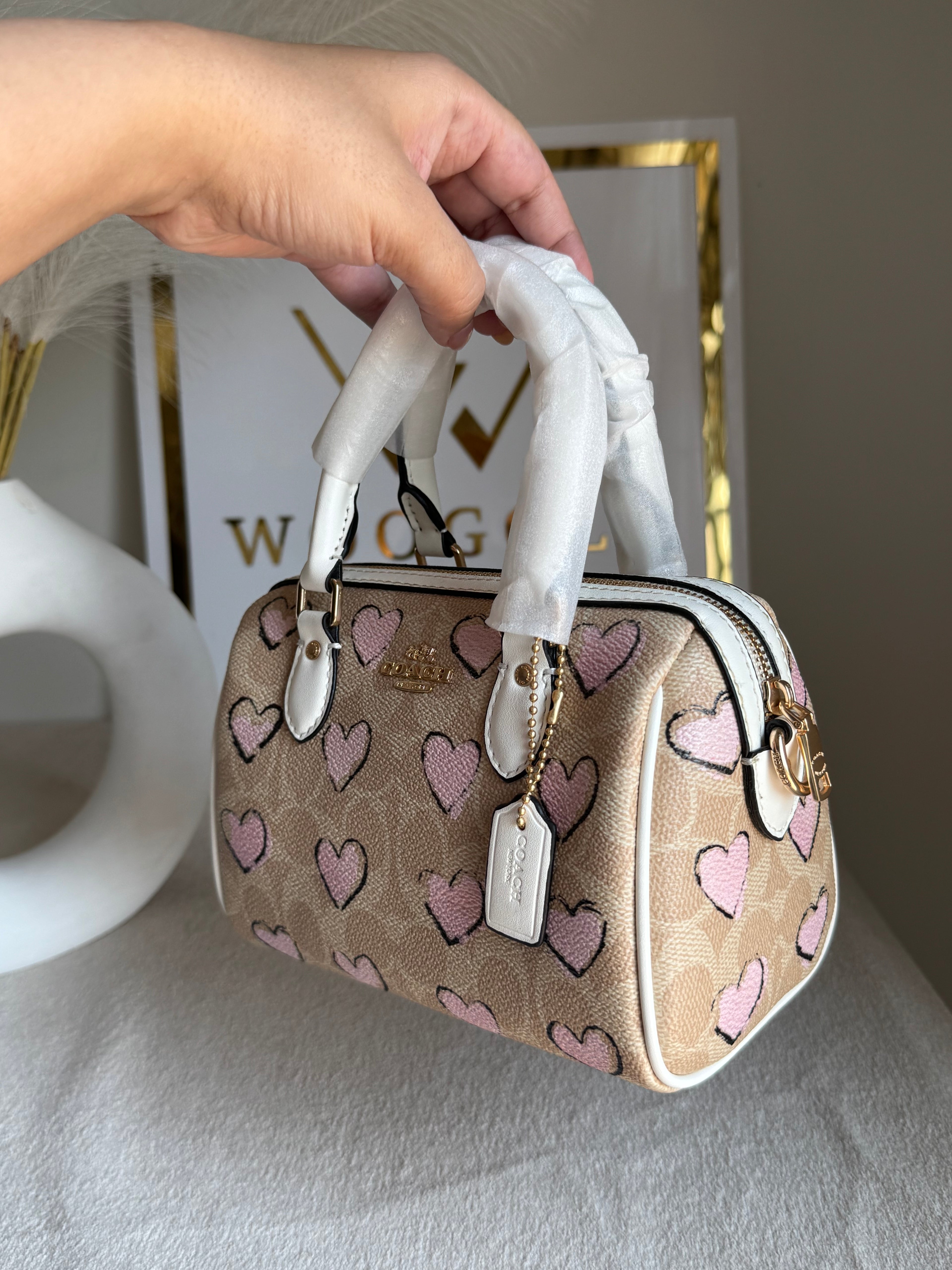 COACH Mini Duffle Bag PREMIUM with Long Strap (Baby Pink Hearts) - BOX PACKING