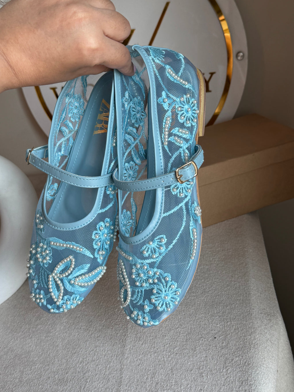 Zara Embroided Net Pumps - Baby Blue